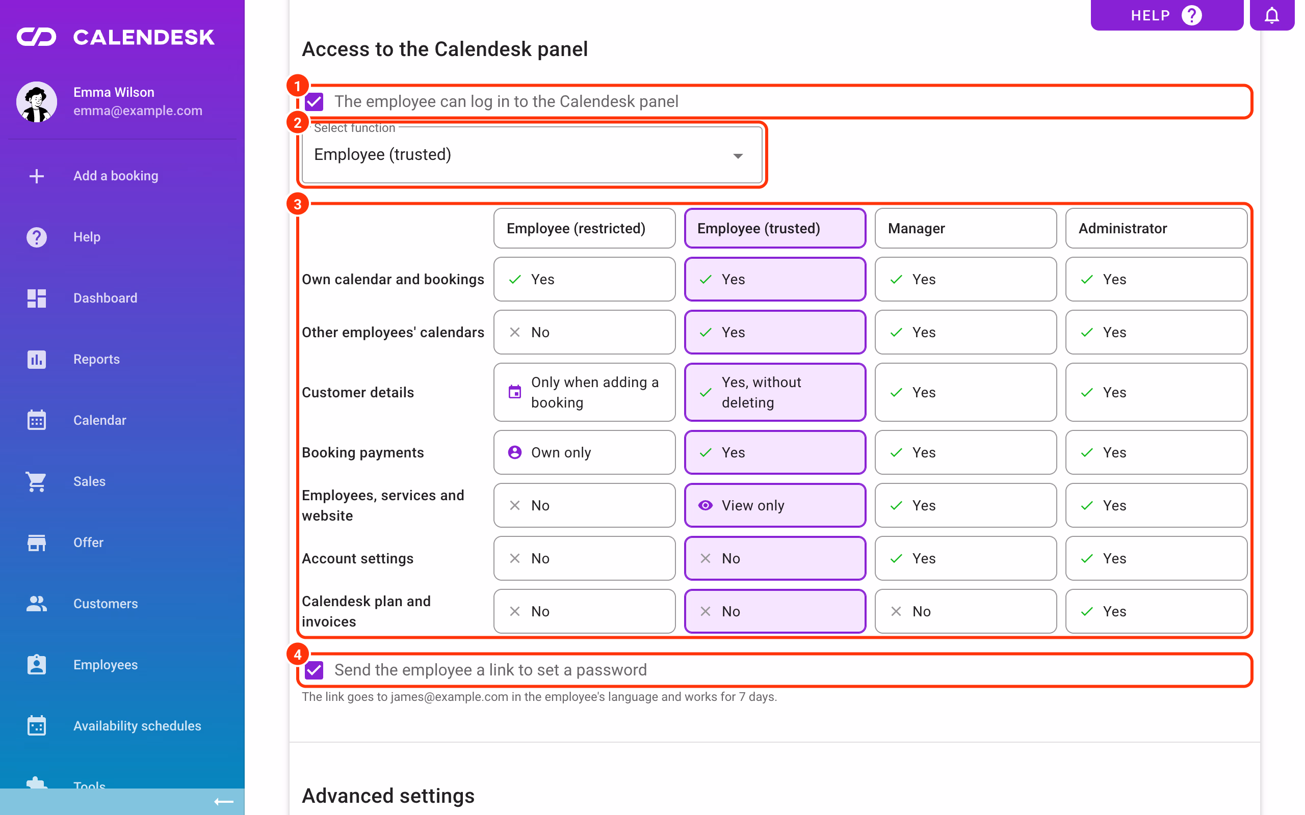 Panel access (1), Select function (2), the role table (3) and the set-password link (4).