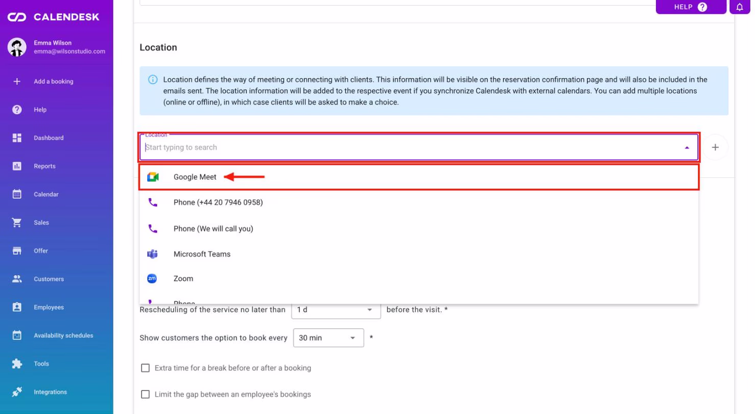 The Location field with Google Meet in the list of saved locations.