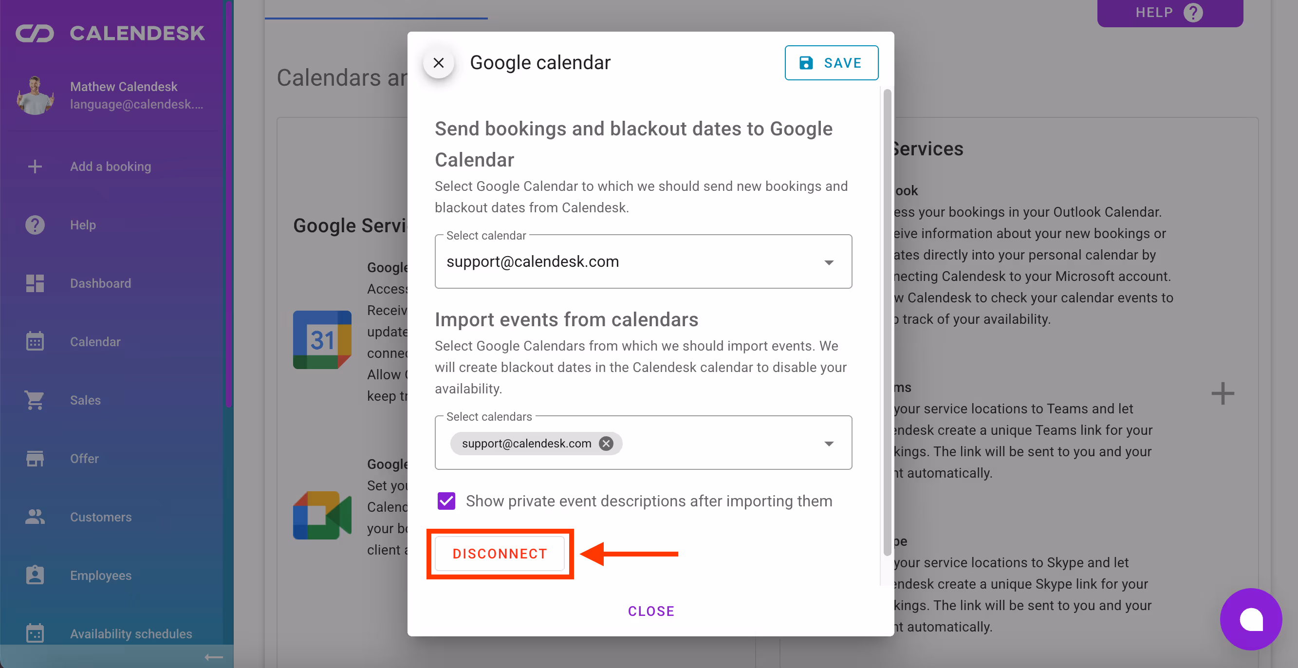 Disconnecting the Google – Calendesk integration.