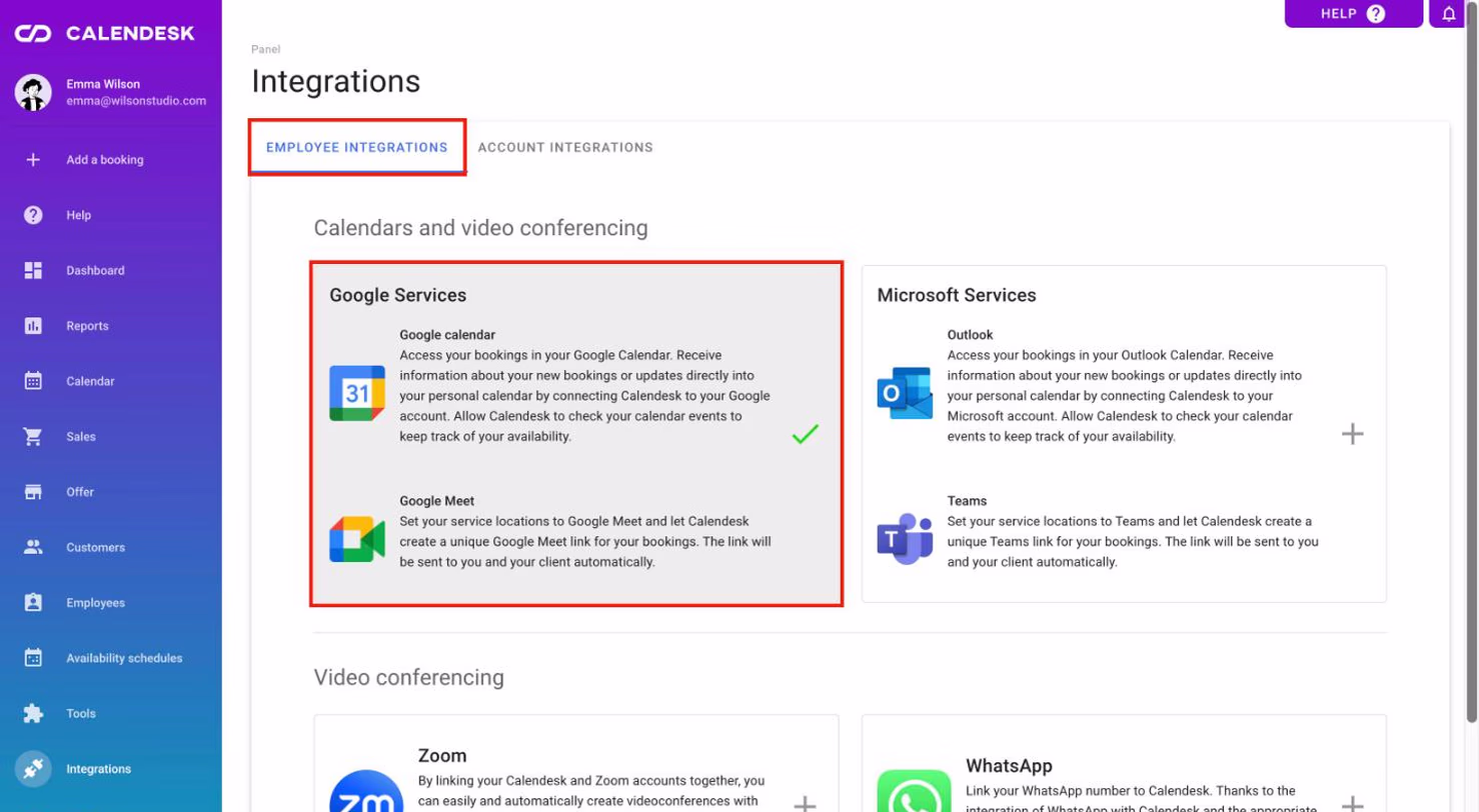 The Integrations tab with the Google Calendar and Google Meet tile.