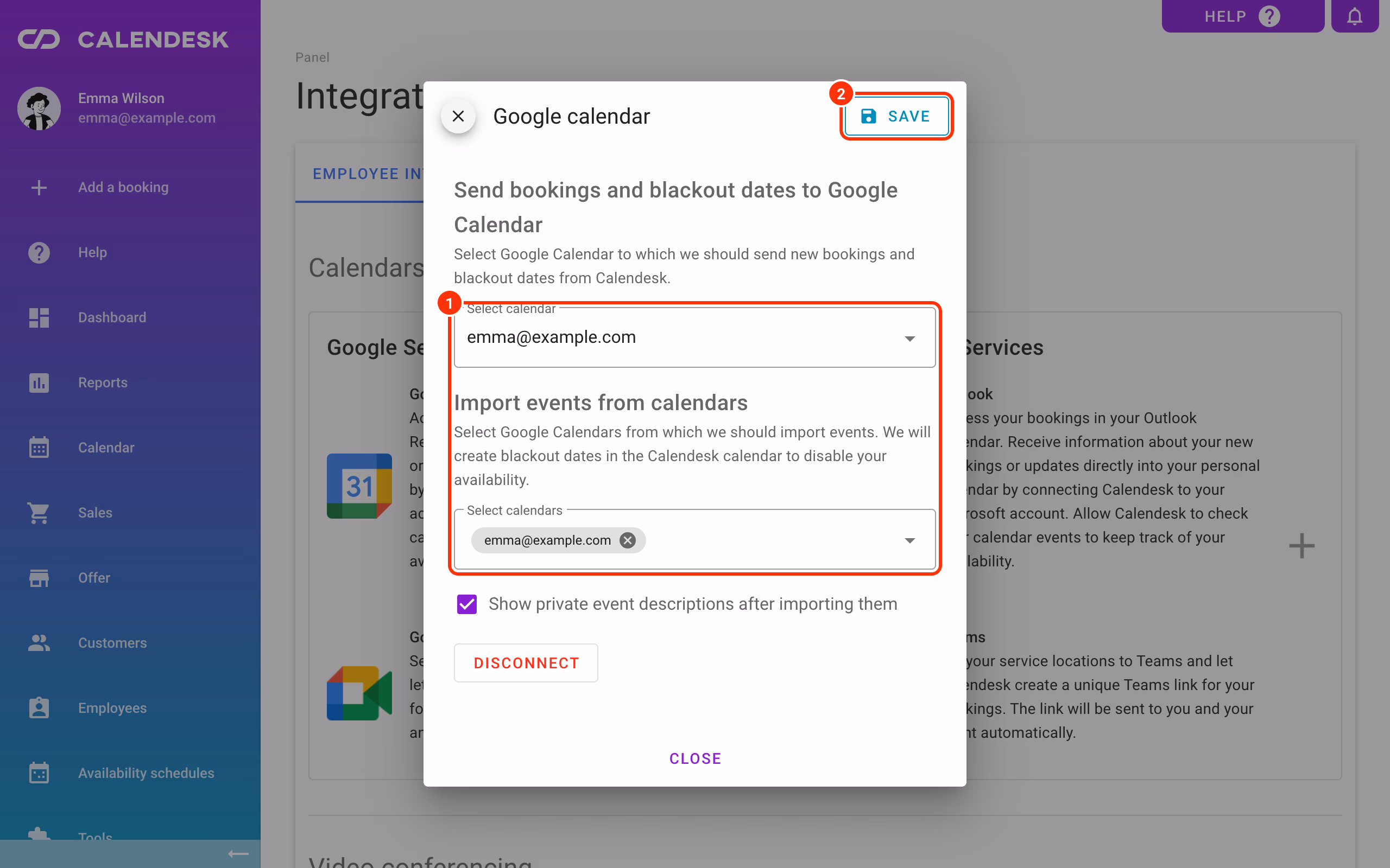 Settings of the connected Google integration.
