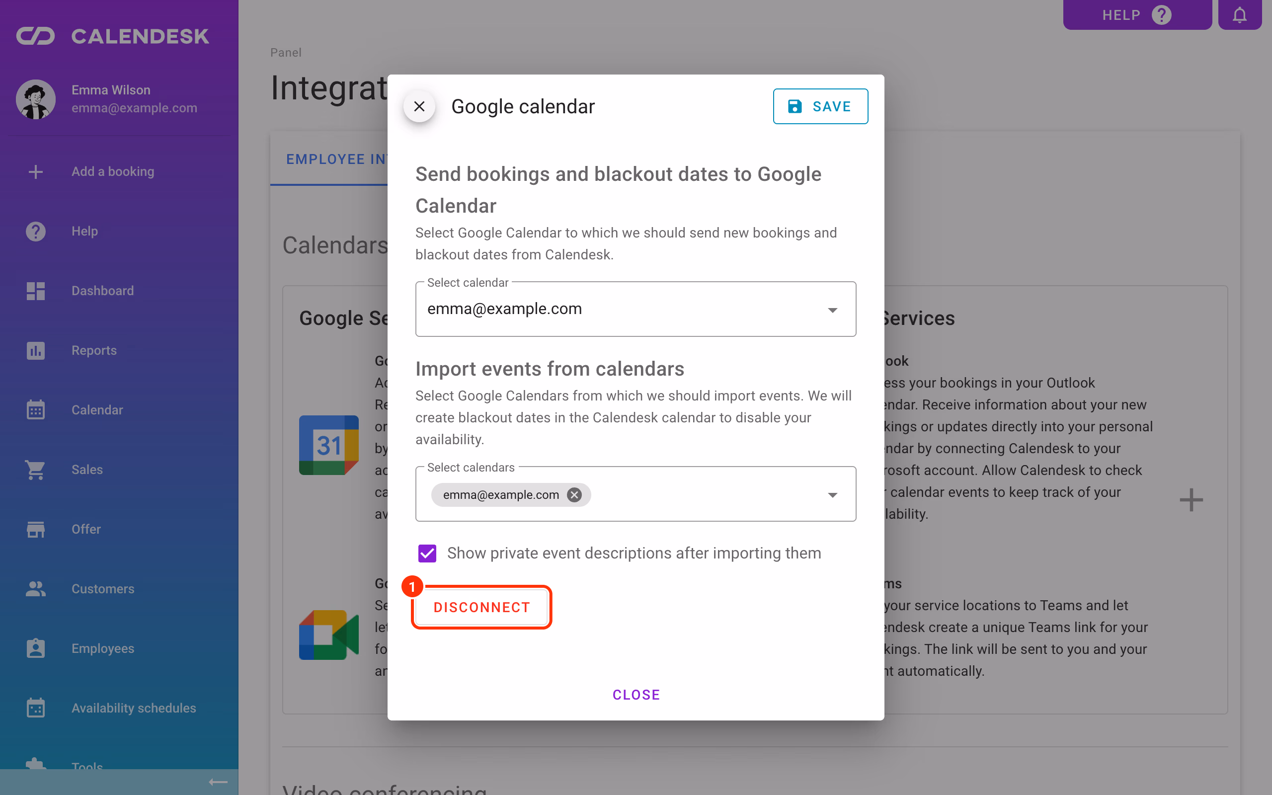 The button that disconnects the Google integration.
