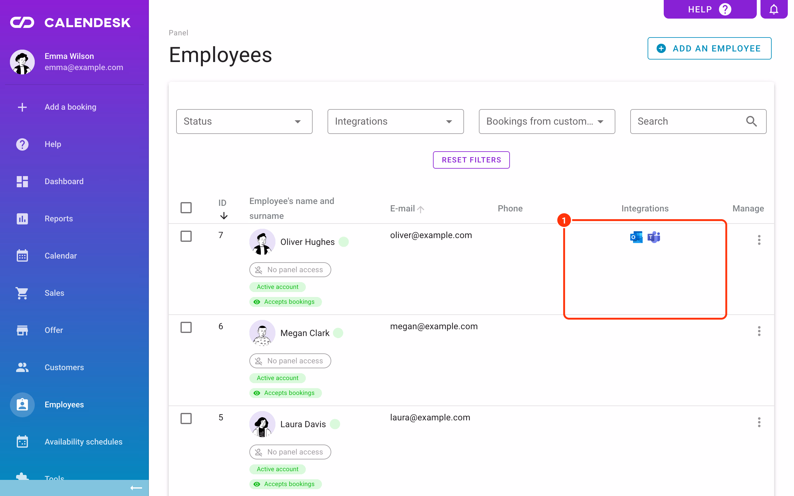 Outlook and Teams icons in the Integrations column of the employee list.