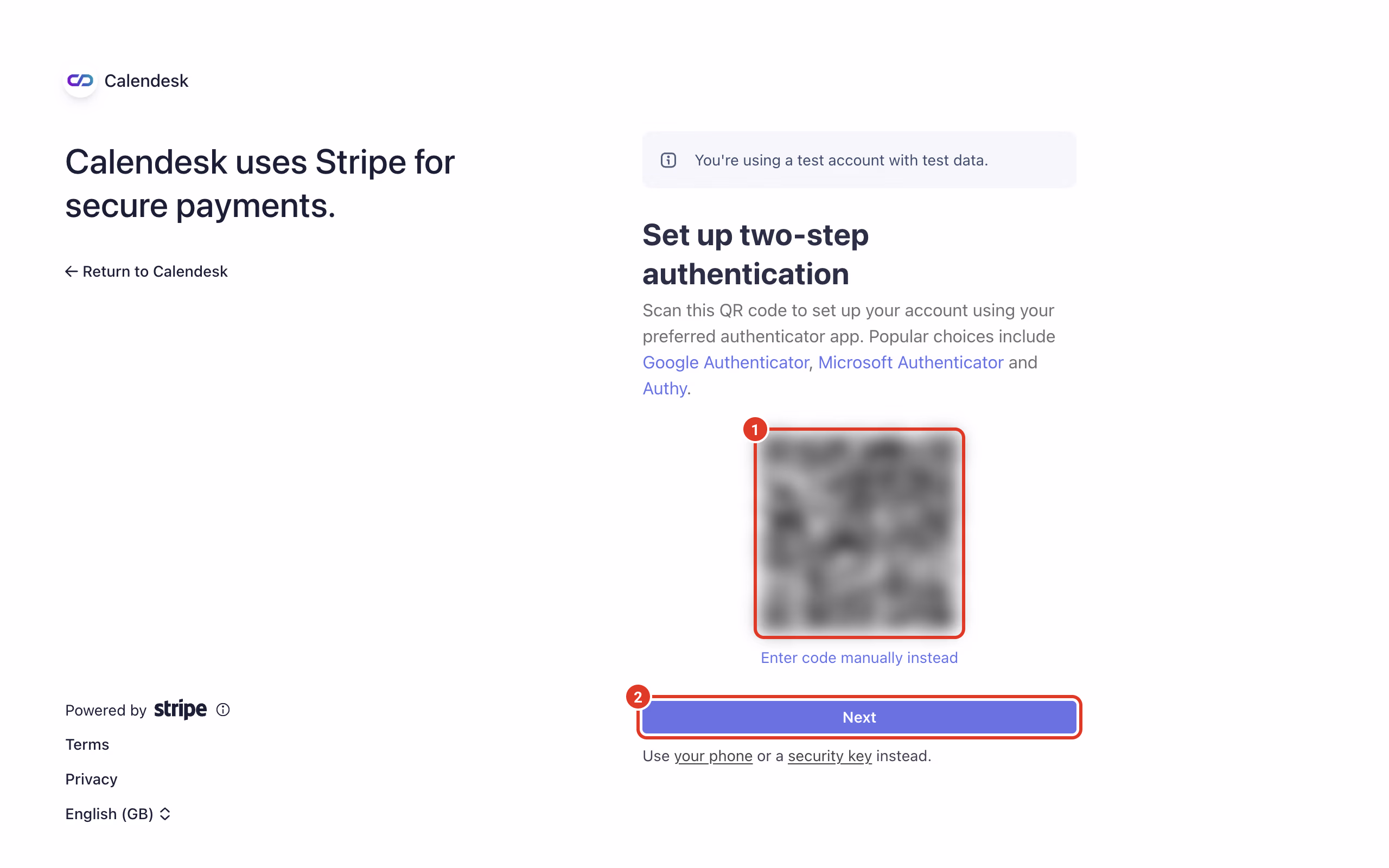 Stripe: QR code for the authenticator app.