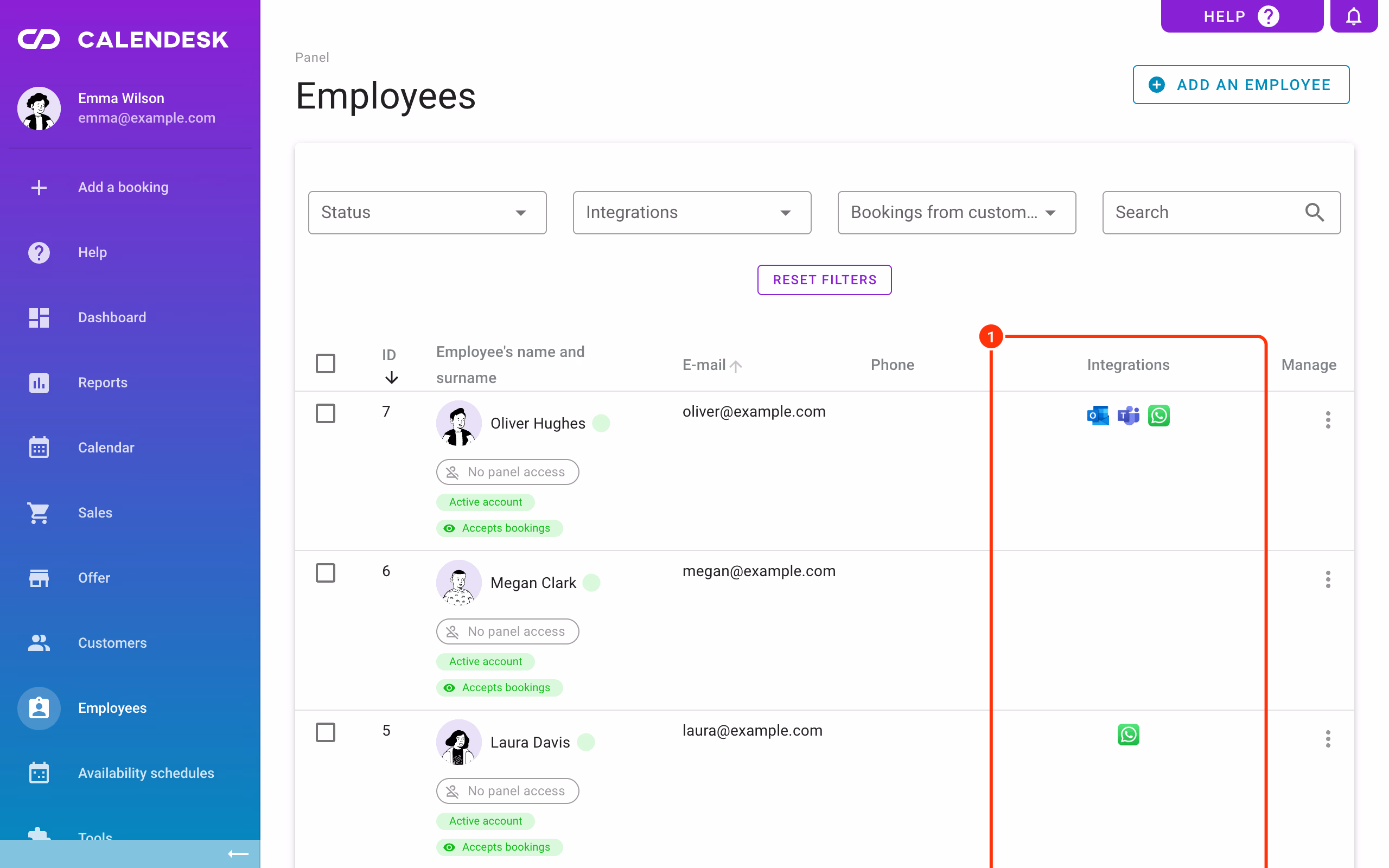 WhatsApp icons in the Integrations column of the employee list.