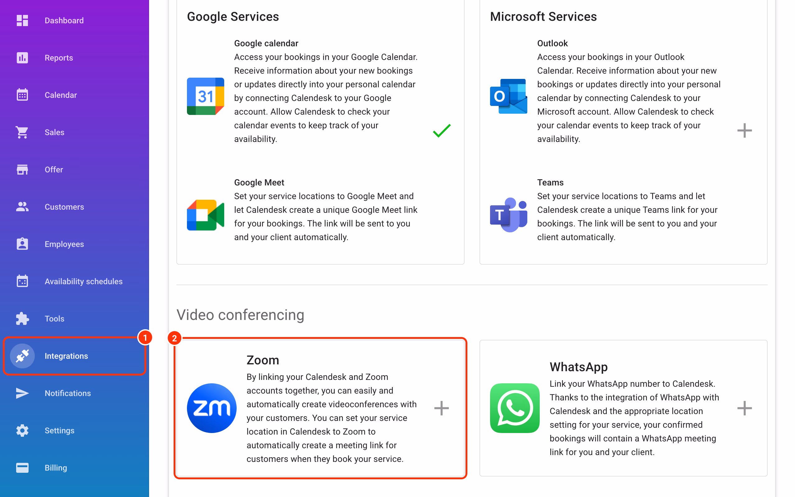 Integrations in the menu (1) and the Zoom card with the + button (2).