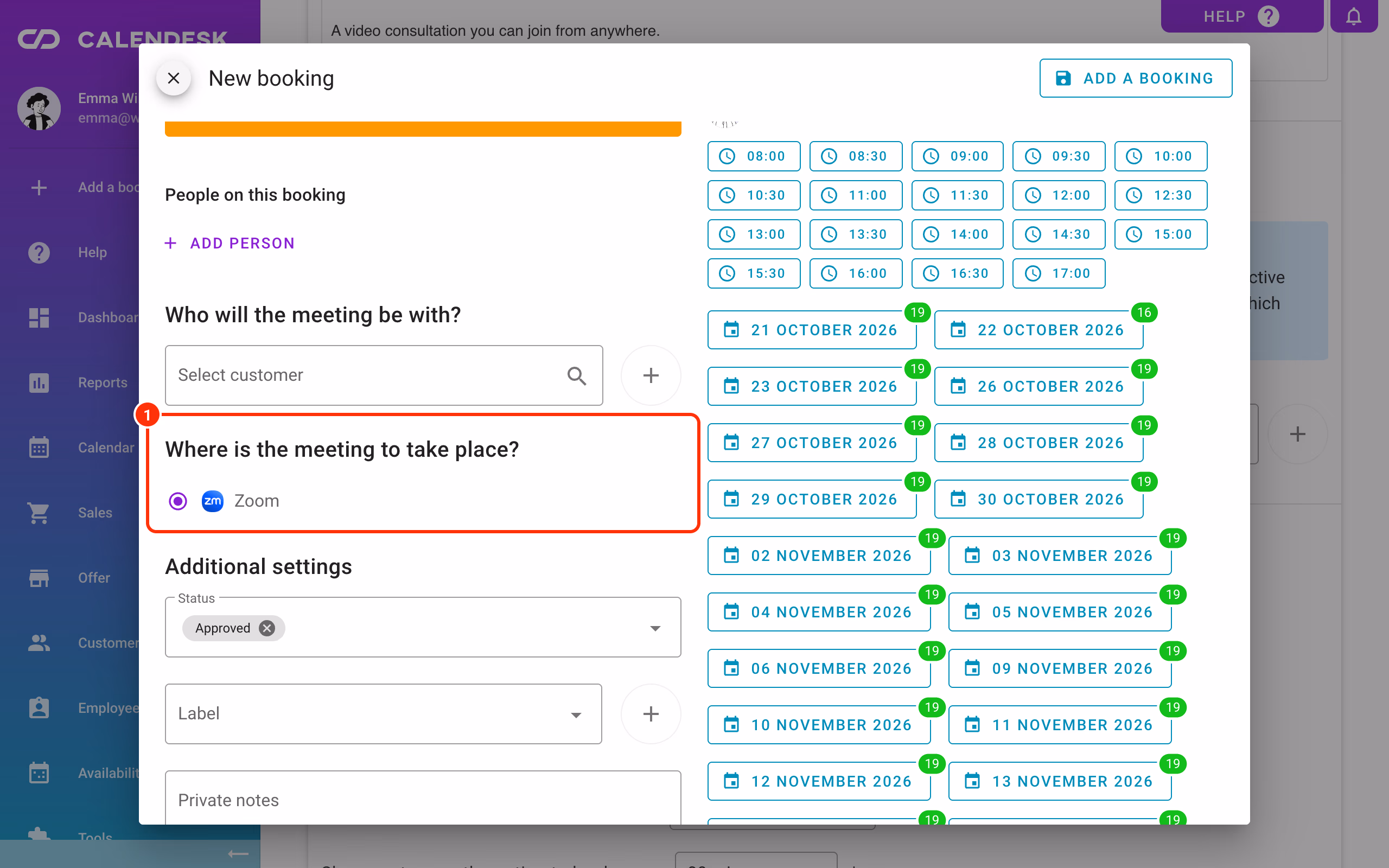 A new booking with Zoom chosen as the meeting place (1).