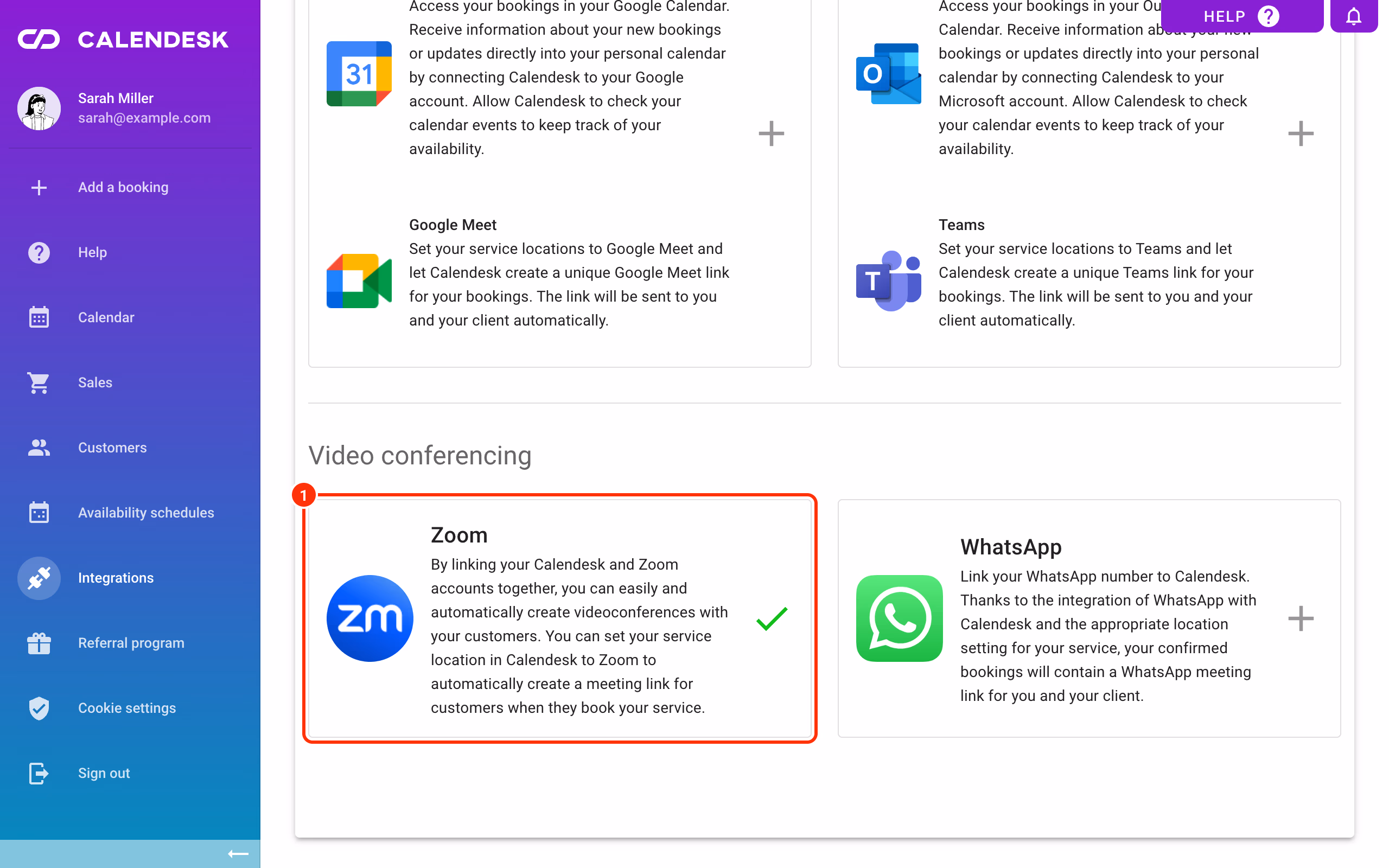 The Zoom card connected in the employee's Integrations (1).
