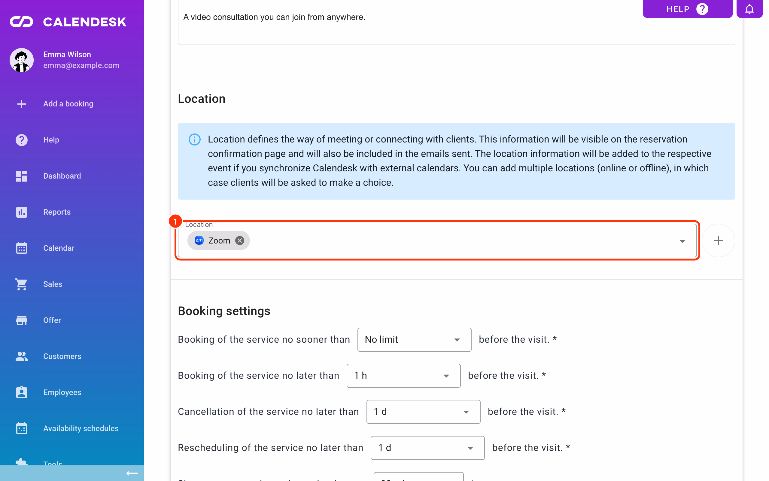 Zoom in the service's Location field (1).