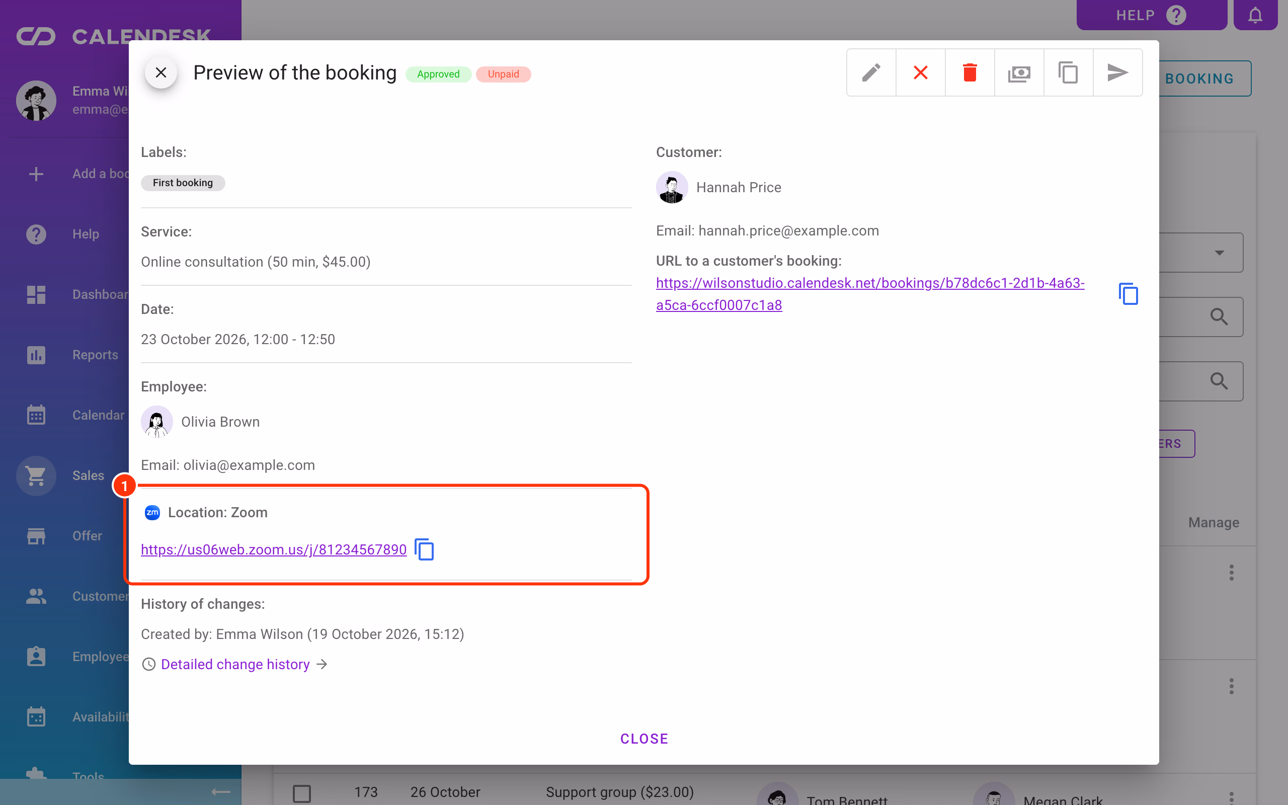 The booking preview with the location and the Zoom meeting link (1).