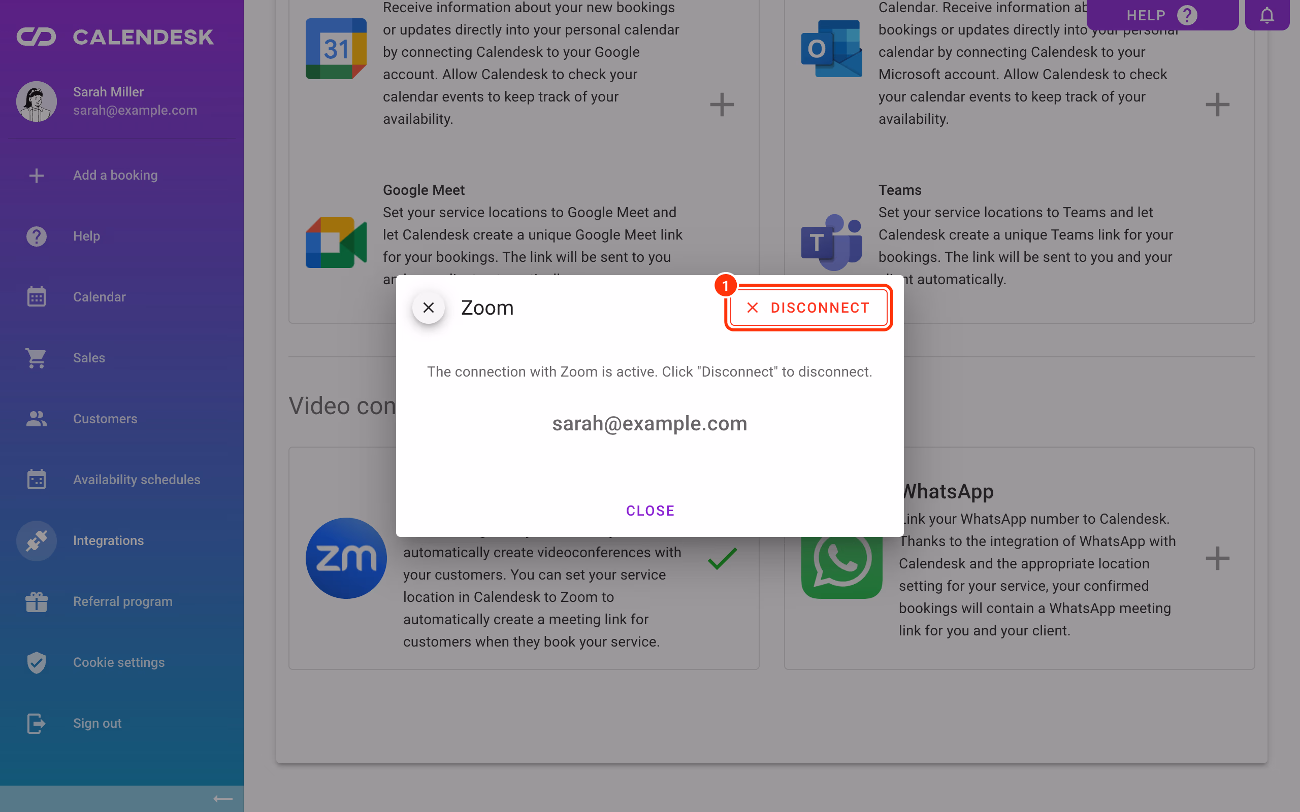 The Zoom window with the Disconnect button (1).