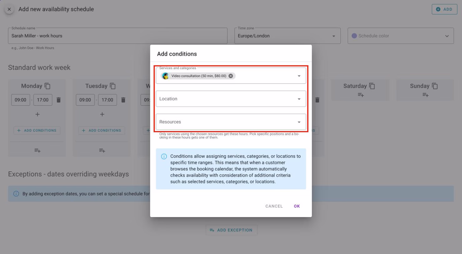 The Add conditions window with one service selected.