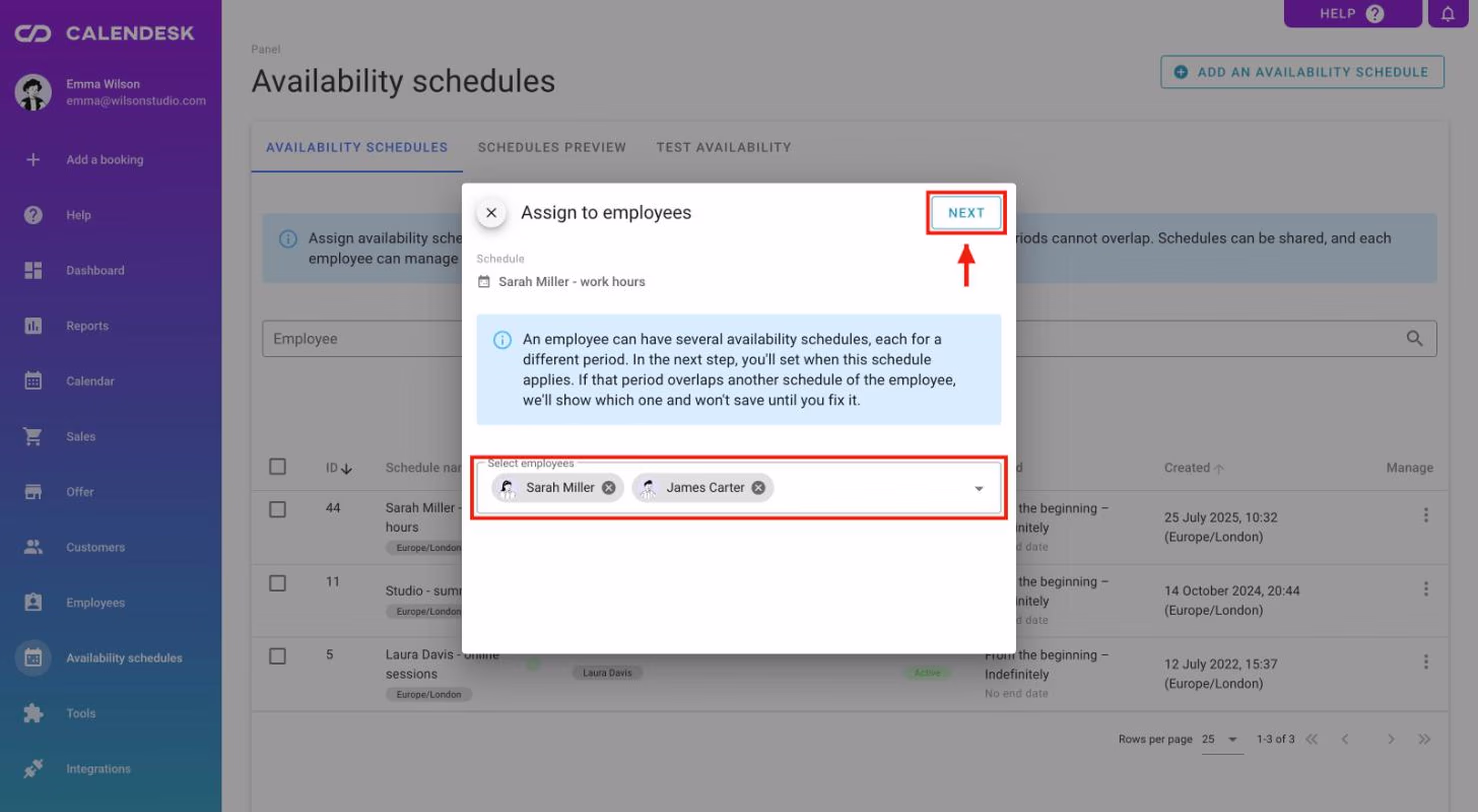 Assigning a schedule: selected employees and the Next button.