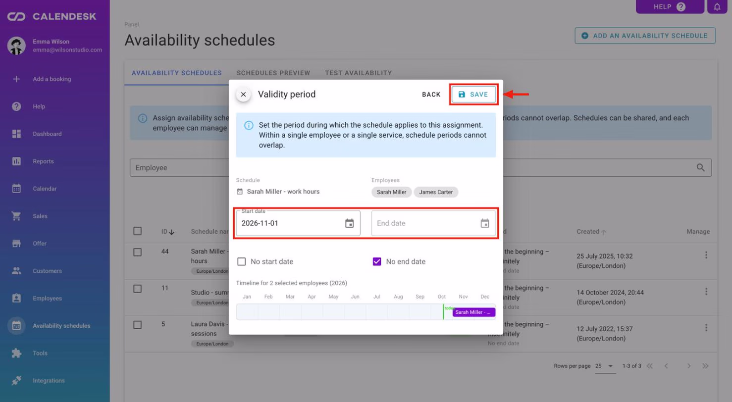 Validity period: start date, no end date and the timeline.