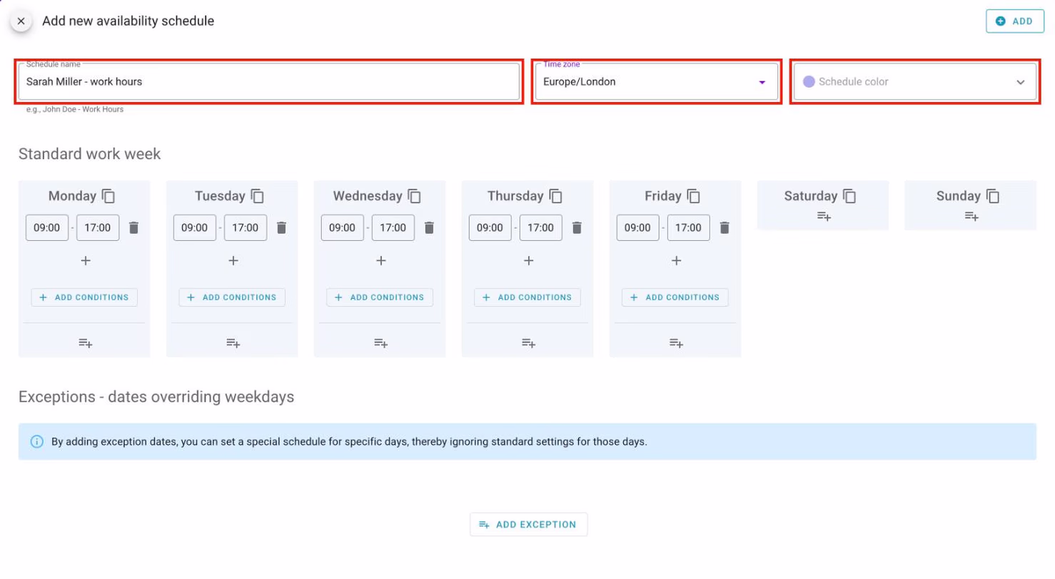 A new schedule: name, time zone and schedule color.