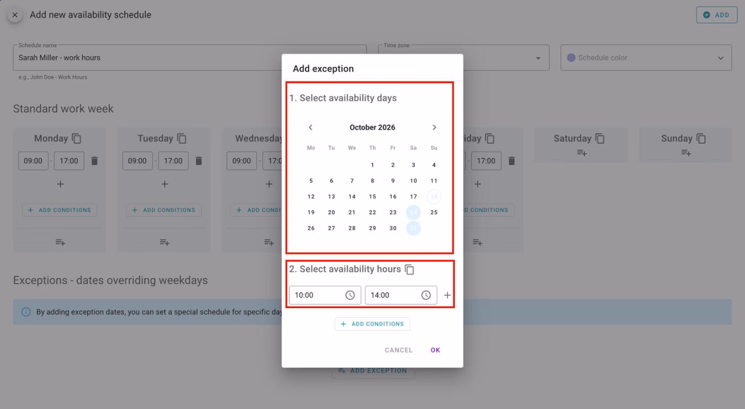 The Add exception window: dates picked in the calendar and hours 10:00-14:00.