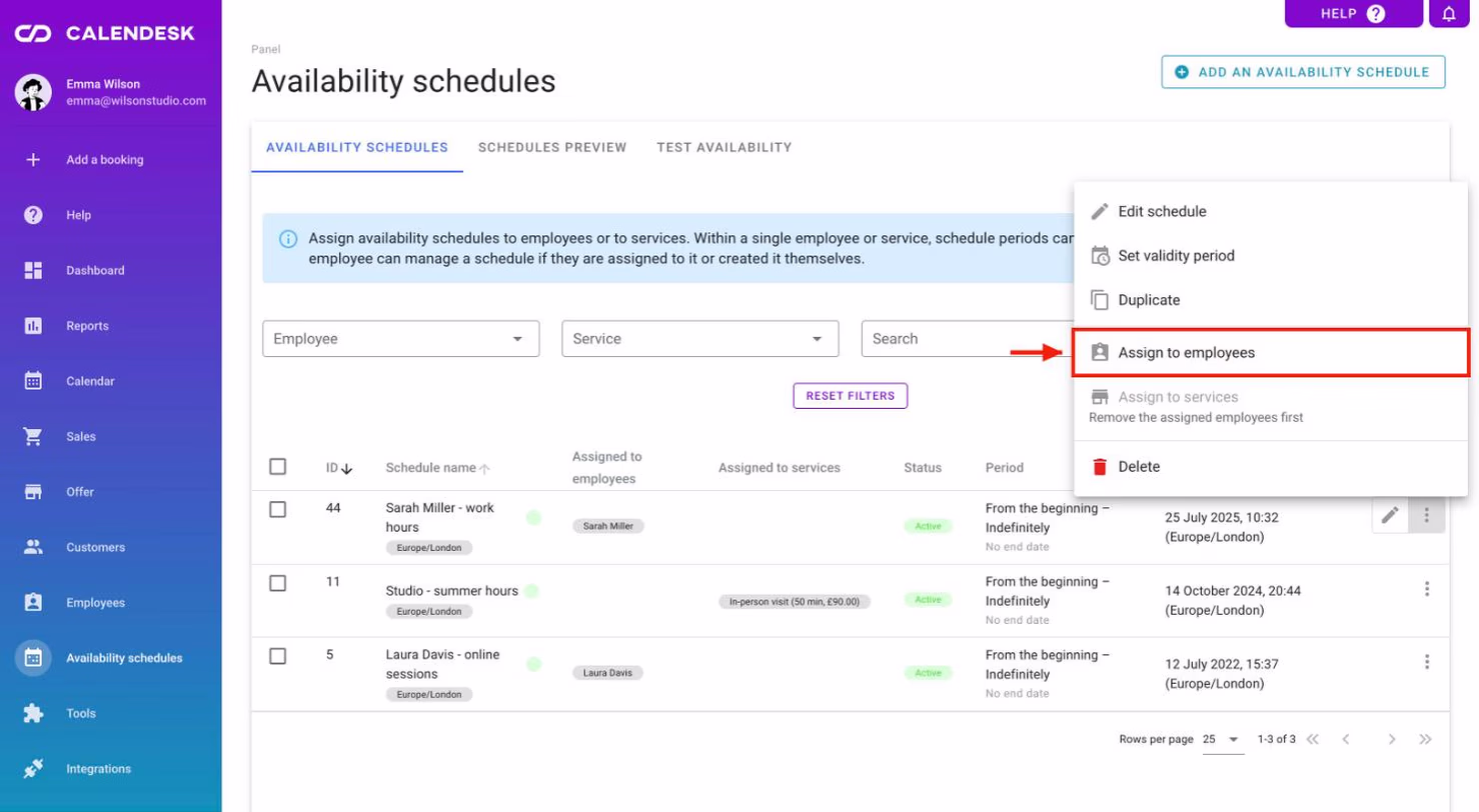 The Manage menu of a schedule with Assign to employees.