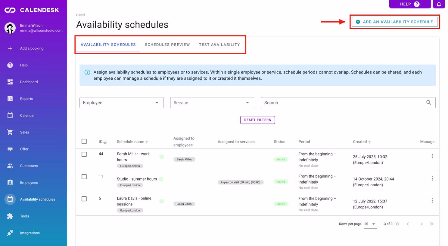 The availability schedule list with three tabs and the Add an availability schedule button.