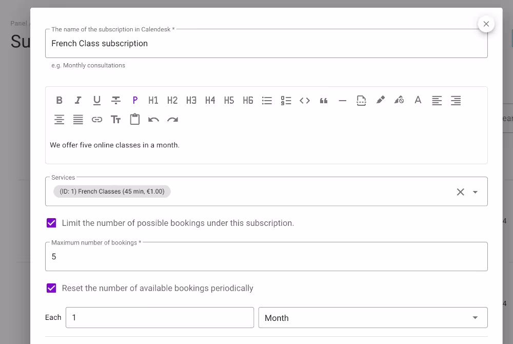 Subscriptions - an admin form, services and their limits.