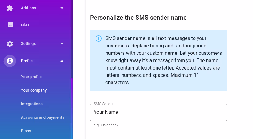 Personalize the SMS sender name