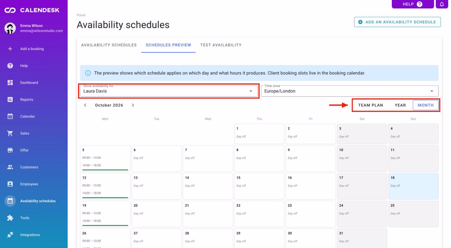 Schedules preview in the month view for one employee.