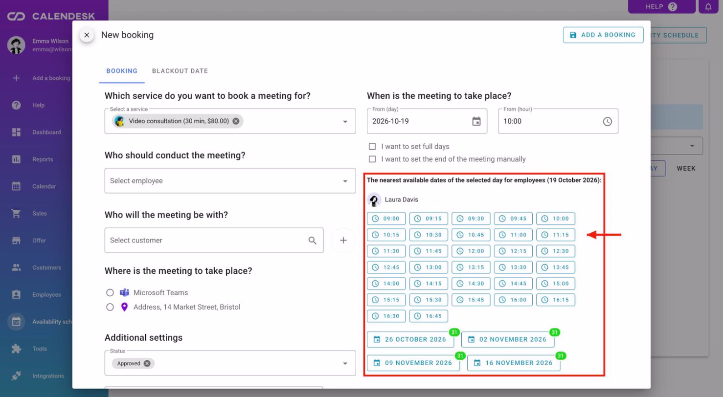 The New booking window with an employee’s nearest free times.