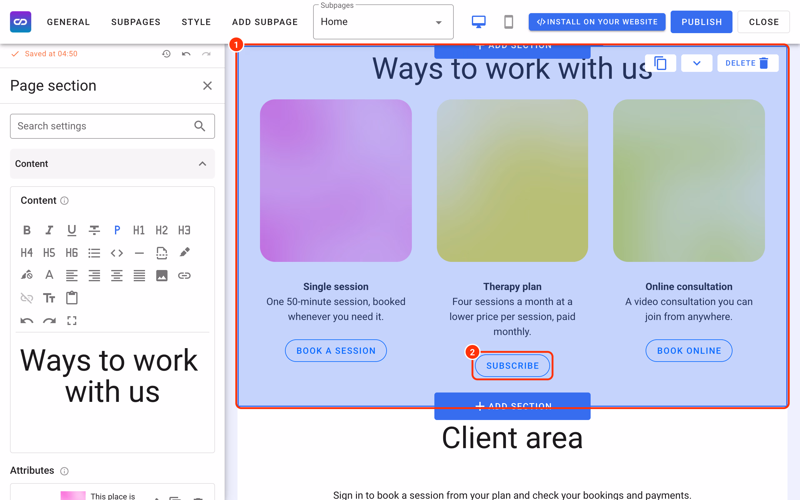 An offer section (1) with a Subscribe button (2) in the website builder.