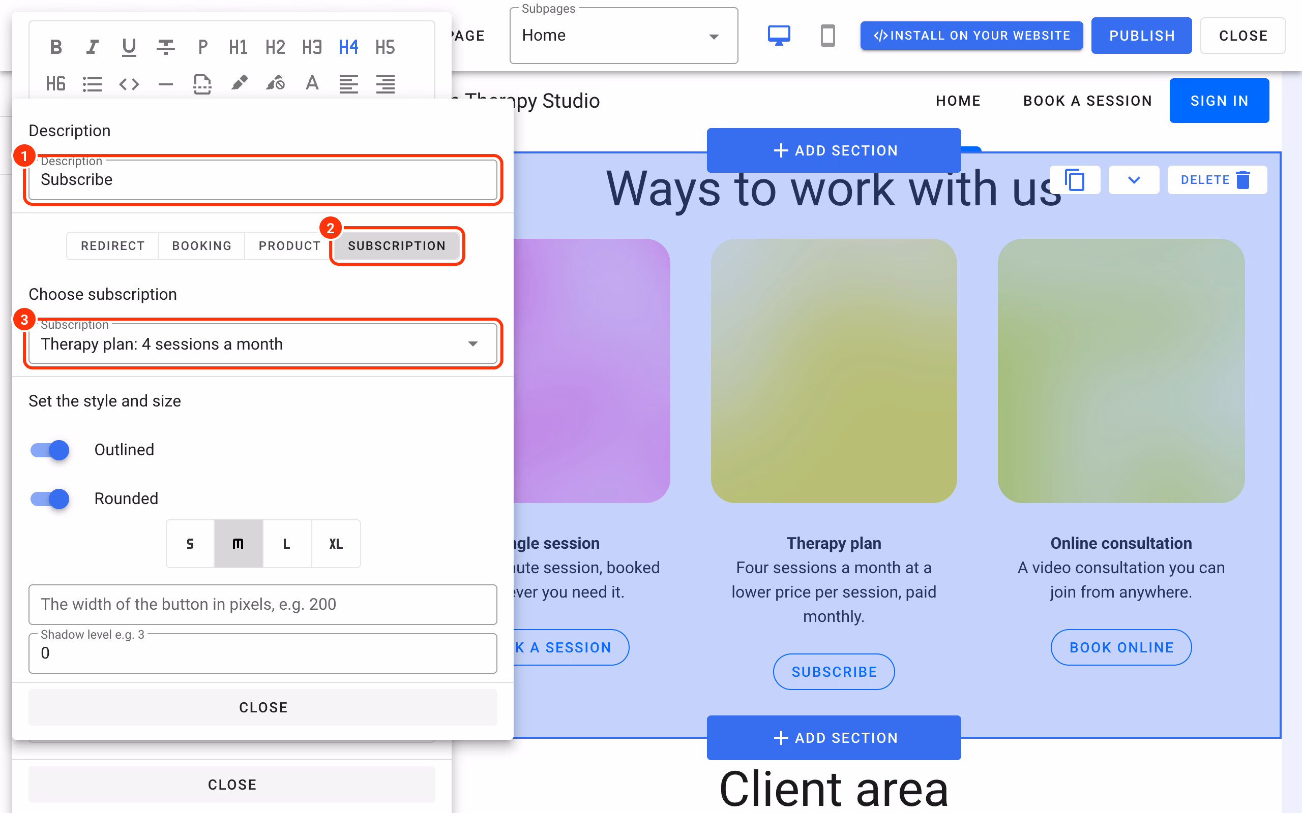 Description (1), the Subscription type (2) and Choose subscription (3) in the button window.