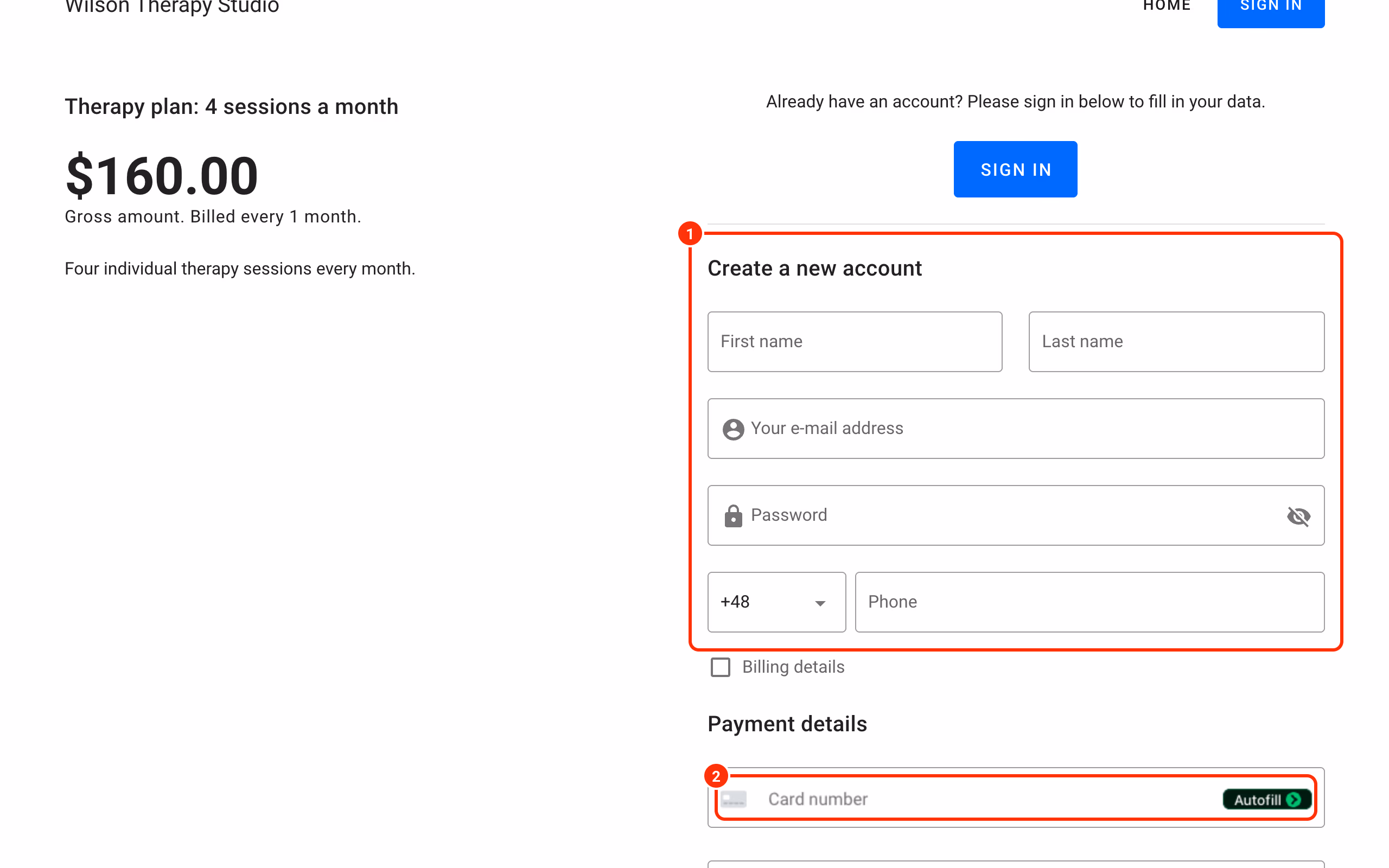 The purchase page on the website: Create a new account (1) and the card number under Payment details (2).