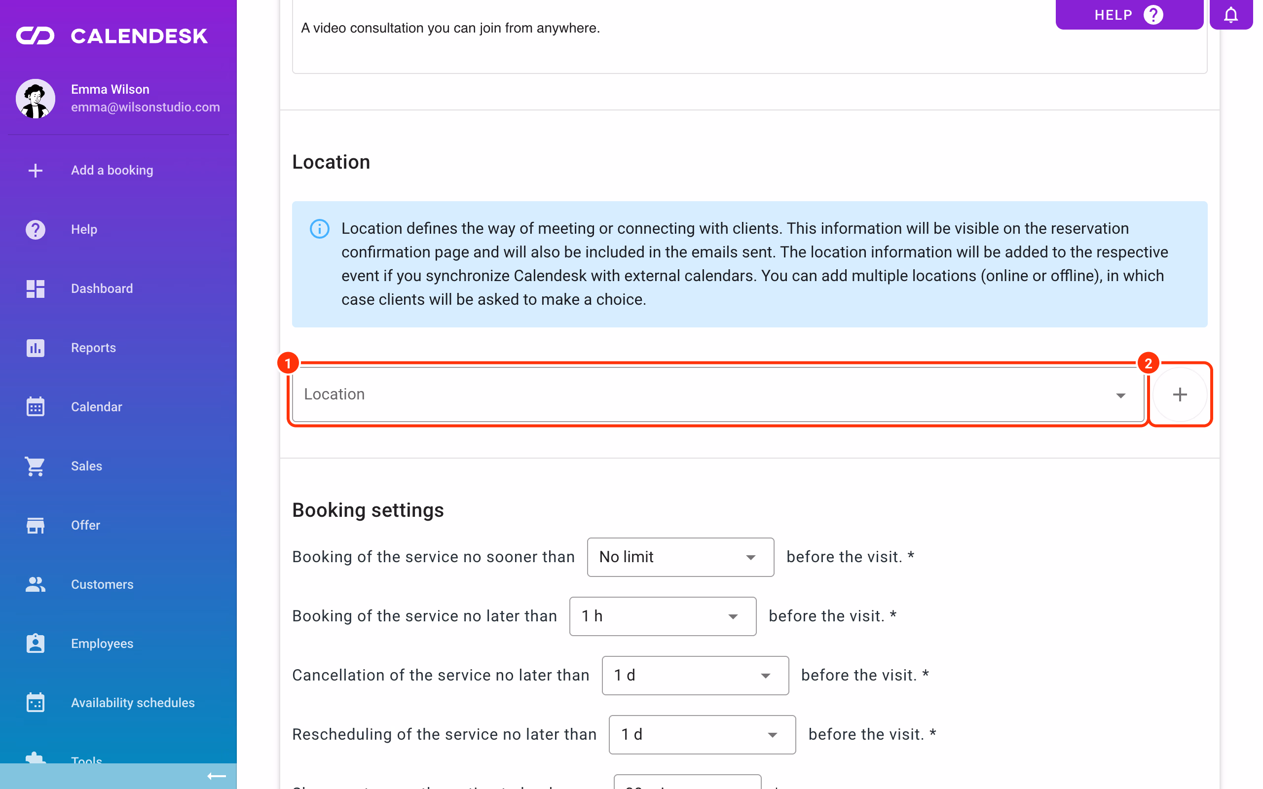 The Location field (1) and the + button next to it (2) in the service form.