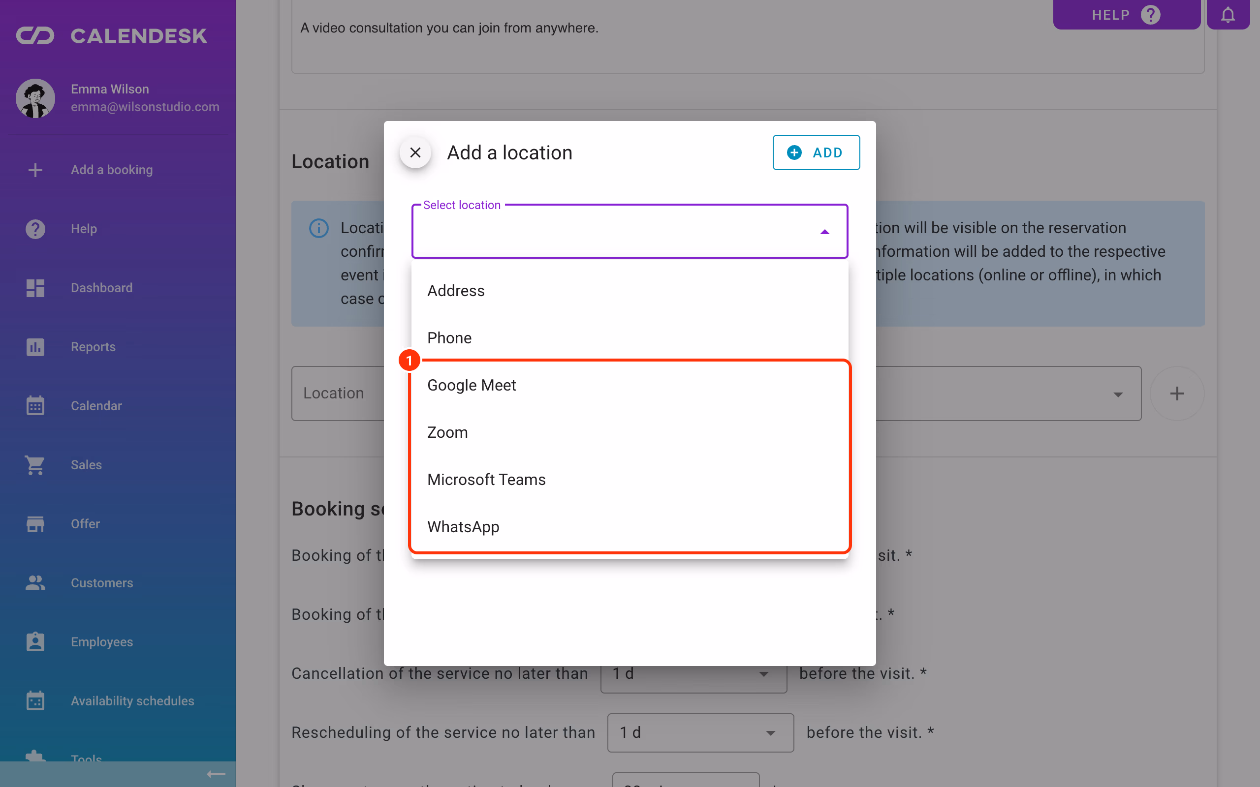 Online meeting types in the Add a location list (1).