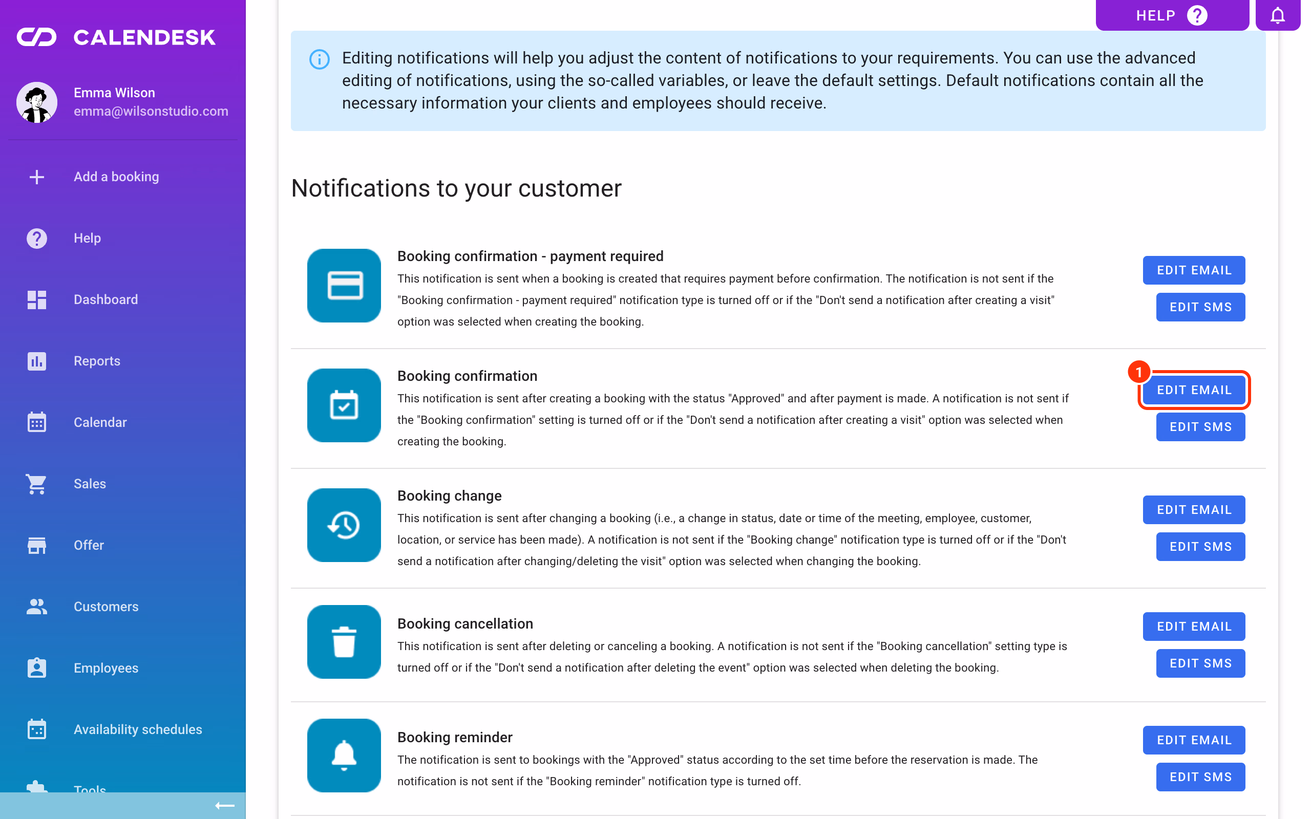 Edit email next to Booking confirmation in Notifications – Templates (1).