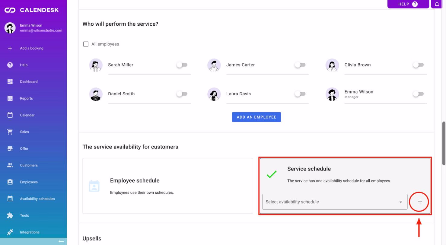 The Service schedule option with the availability schedule field and the + button.