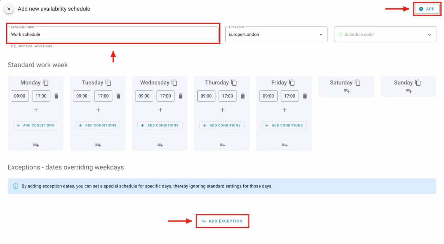 The Add new availability schedule window: name, work week, exceptions and the Add button.