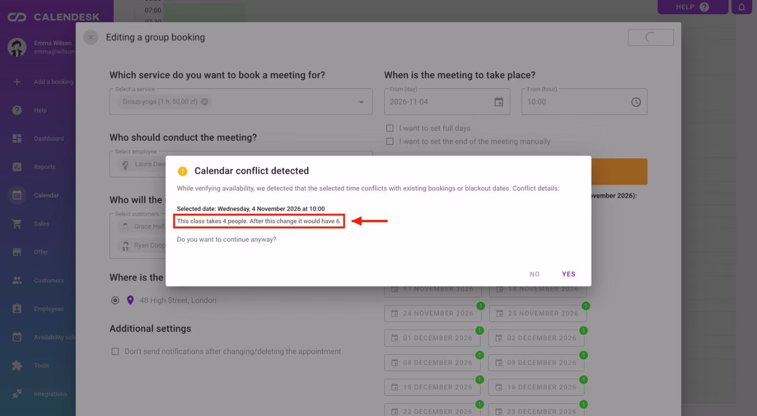The warning about the class limit when adding participants.