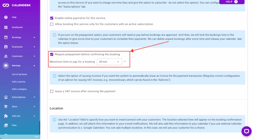 Online booking prepayments - settings in services