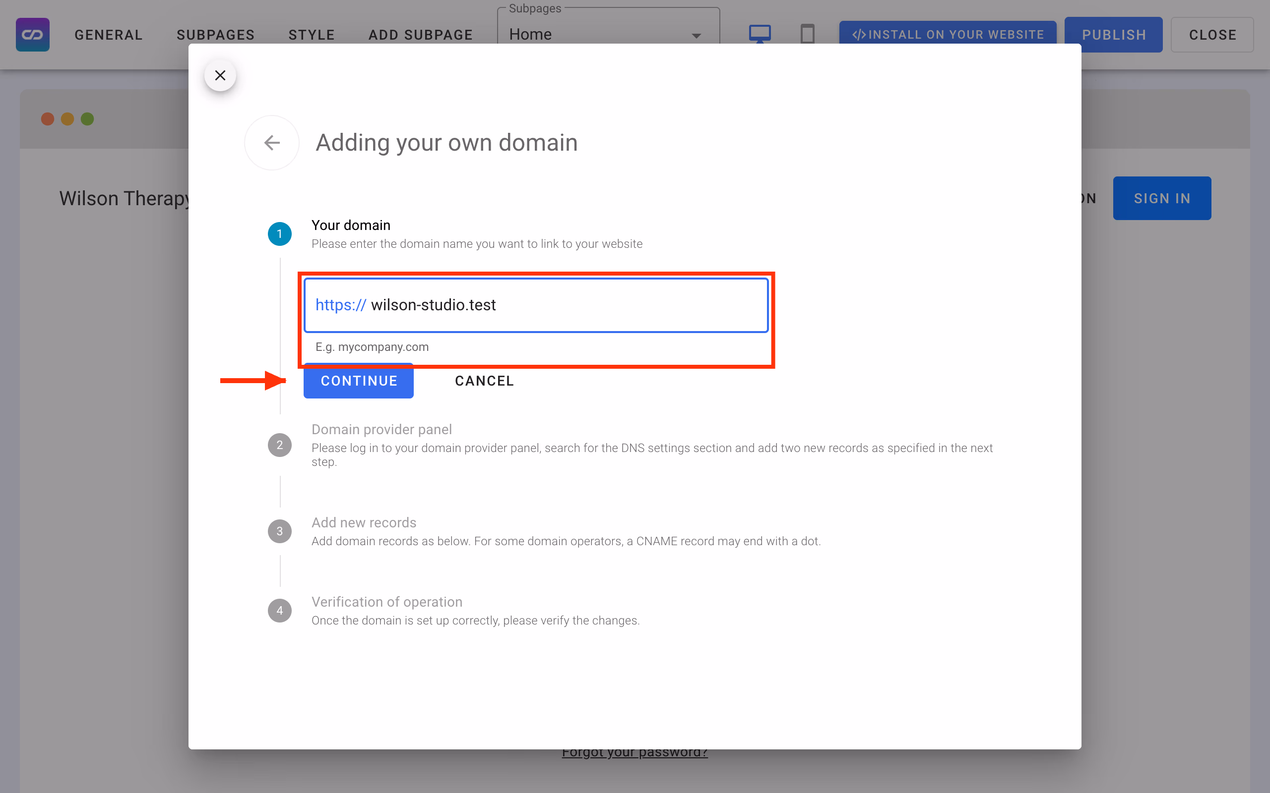 Adding your own domain: the Your domain step with wilson-studio.test entered.