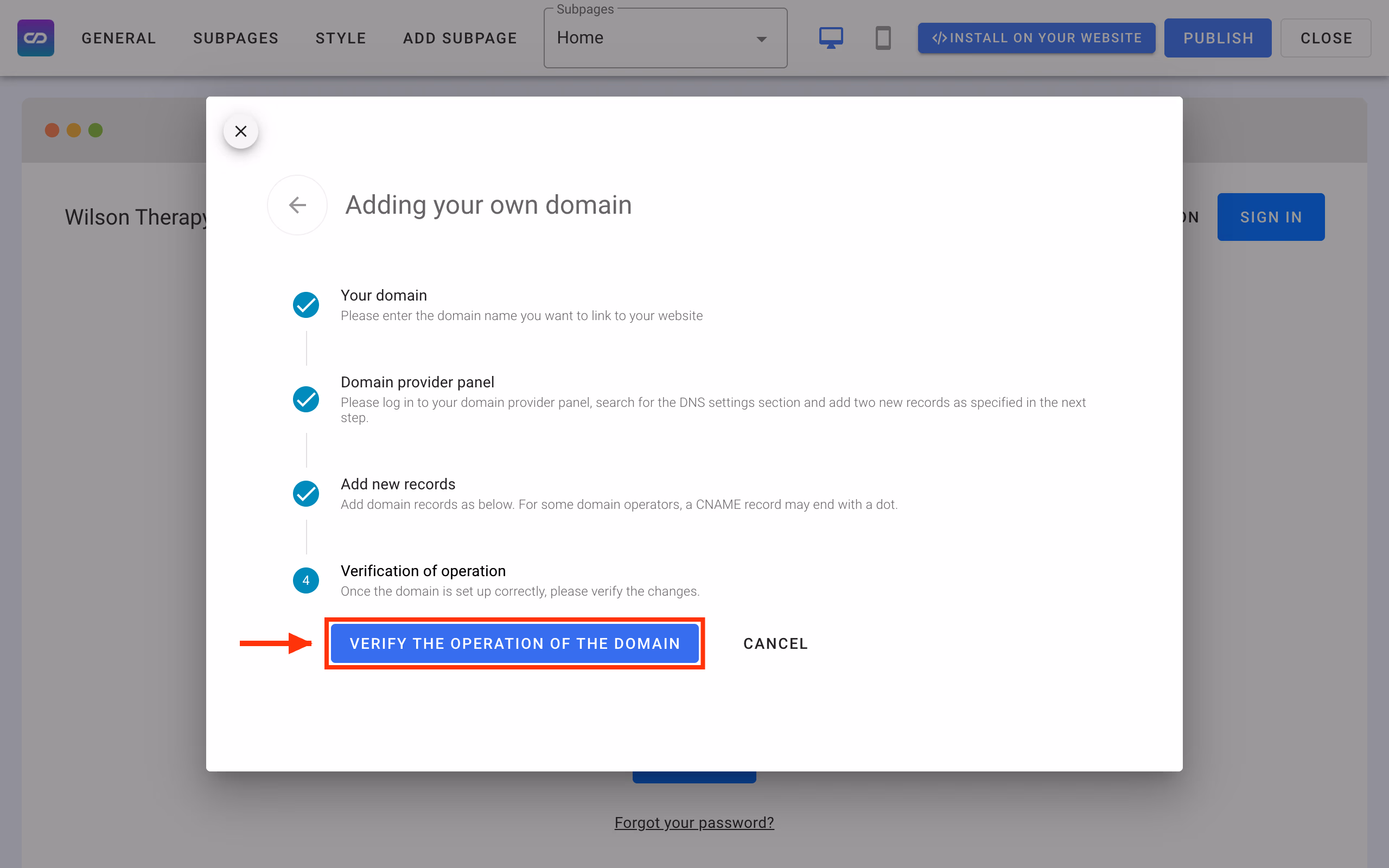 Adding your own domain: the Verify the operation of the domain button.