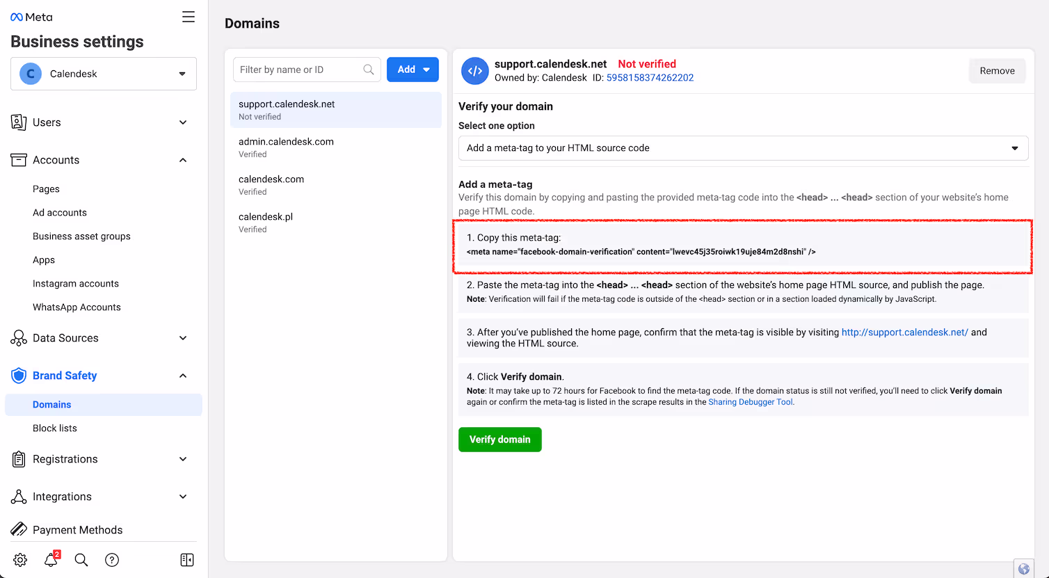 Facebook domain verification