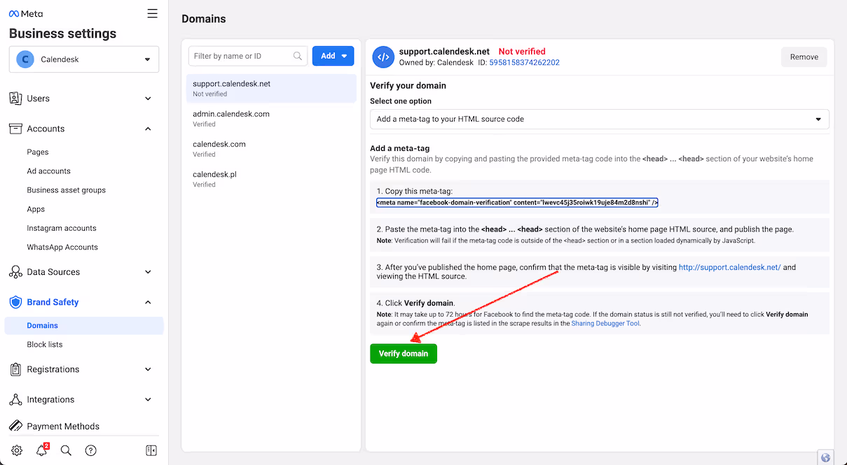 Facebook domain verification
