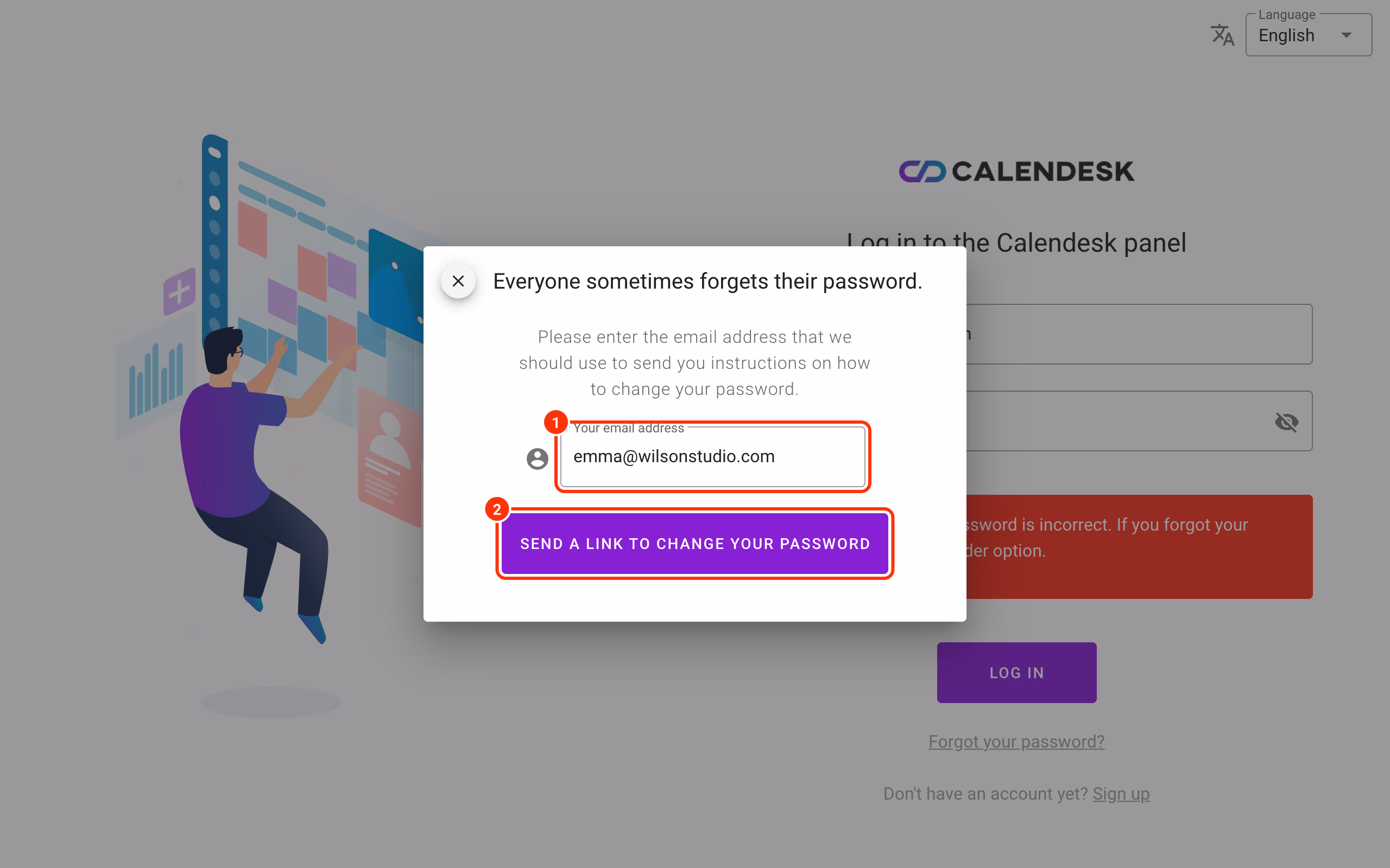 The password reminder window: email (1) and Send a link to change your password (2).