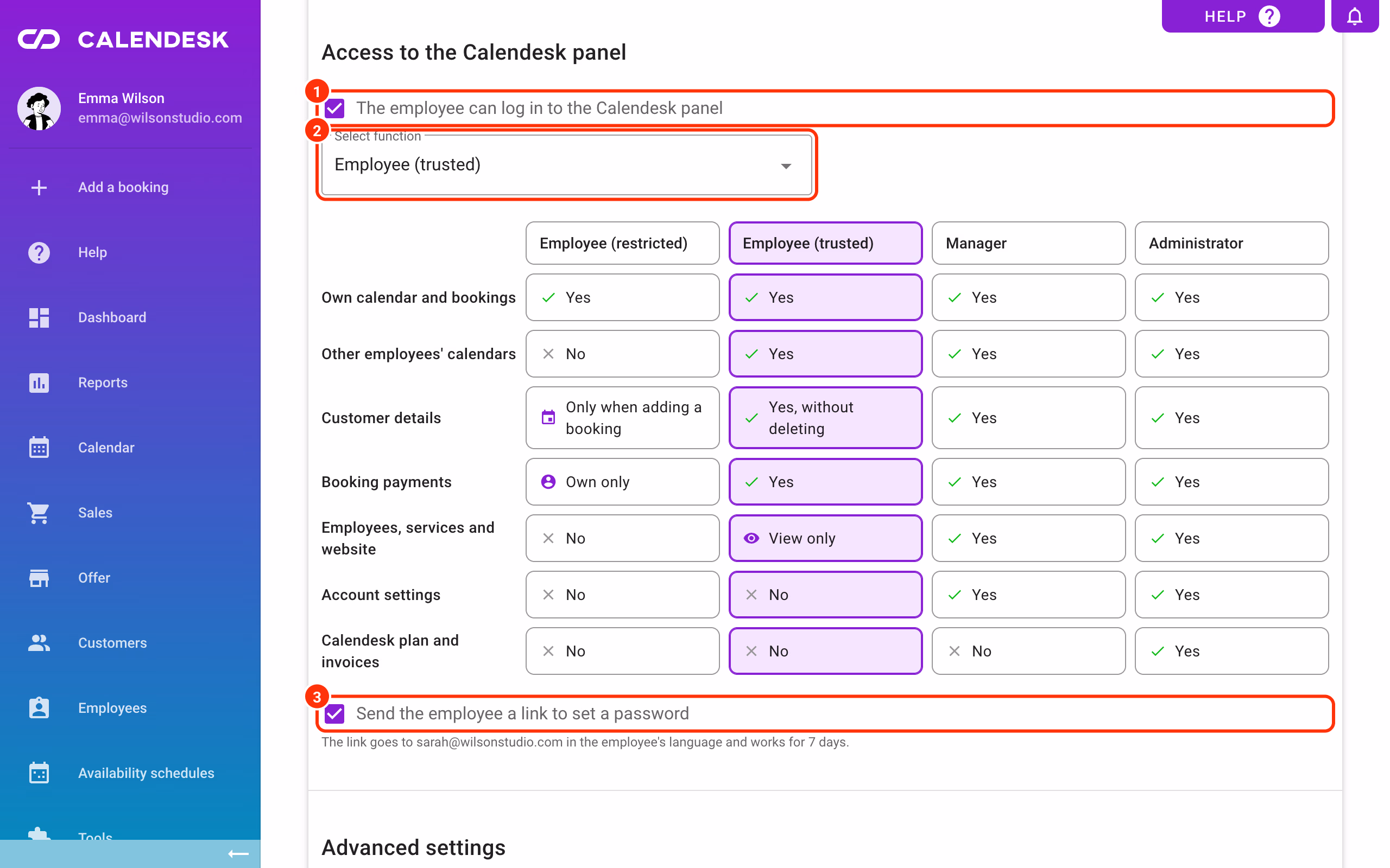 Panel access (1), the employee's function (2) and the set-password link (3).