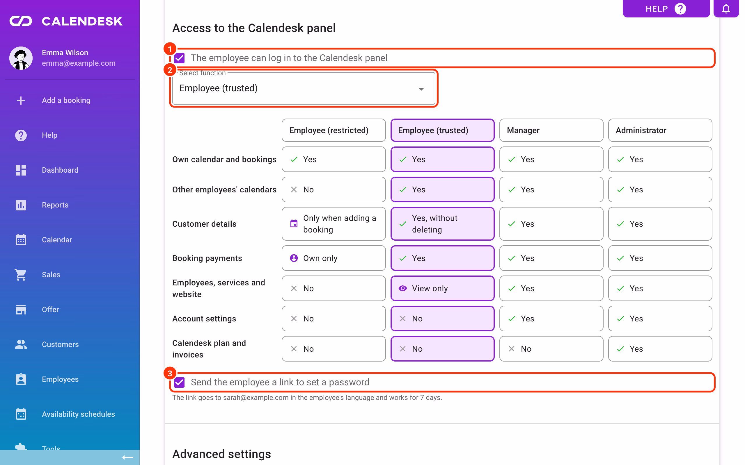 Panel access (1), the employee's function (2) and the set-password link (3).