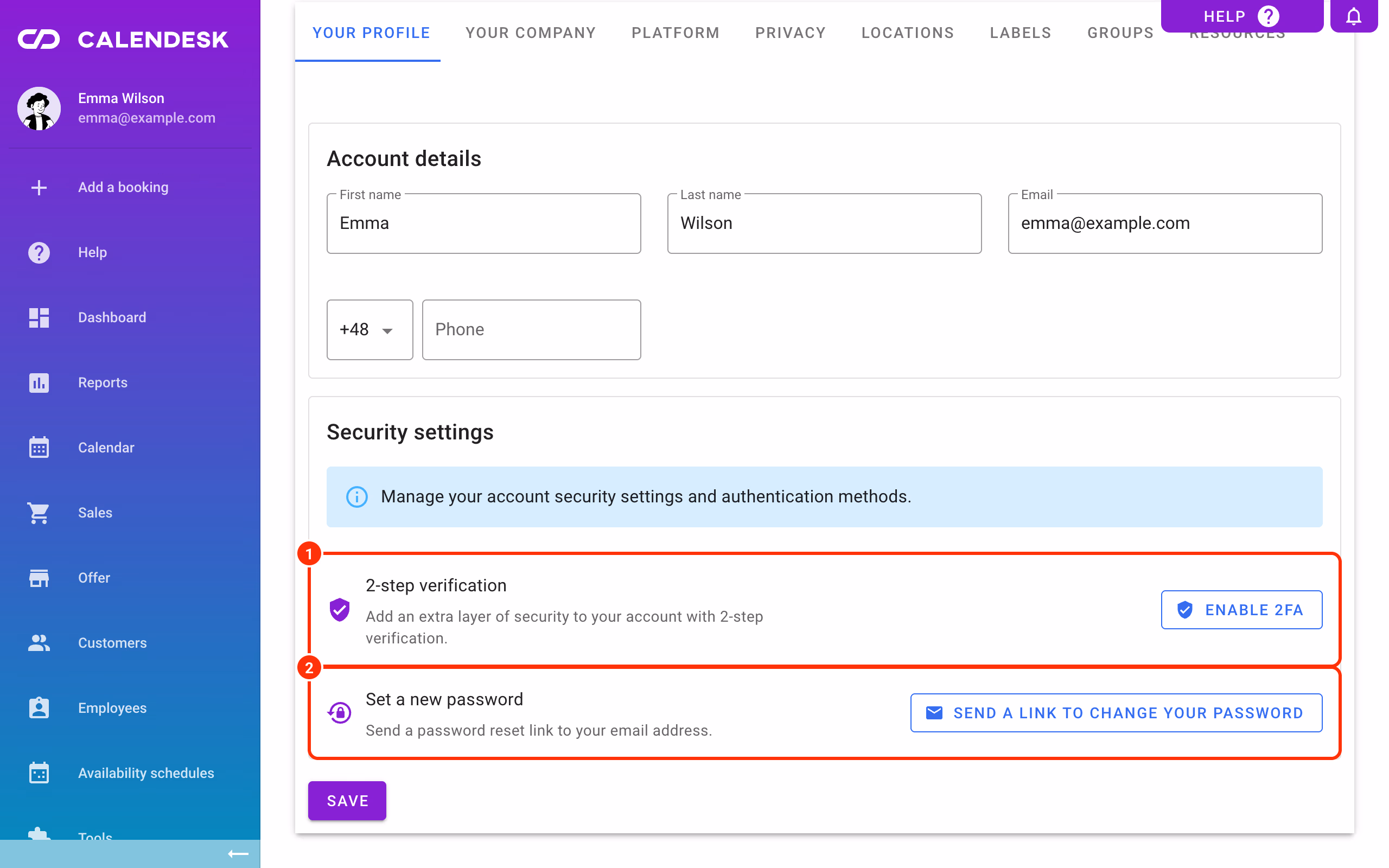 2-step verification (1) and Set a new password (2) in your profile.