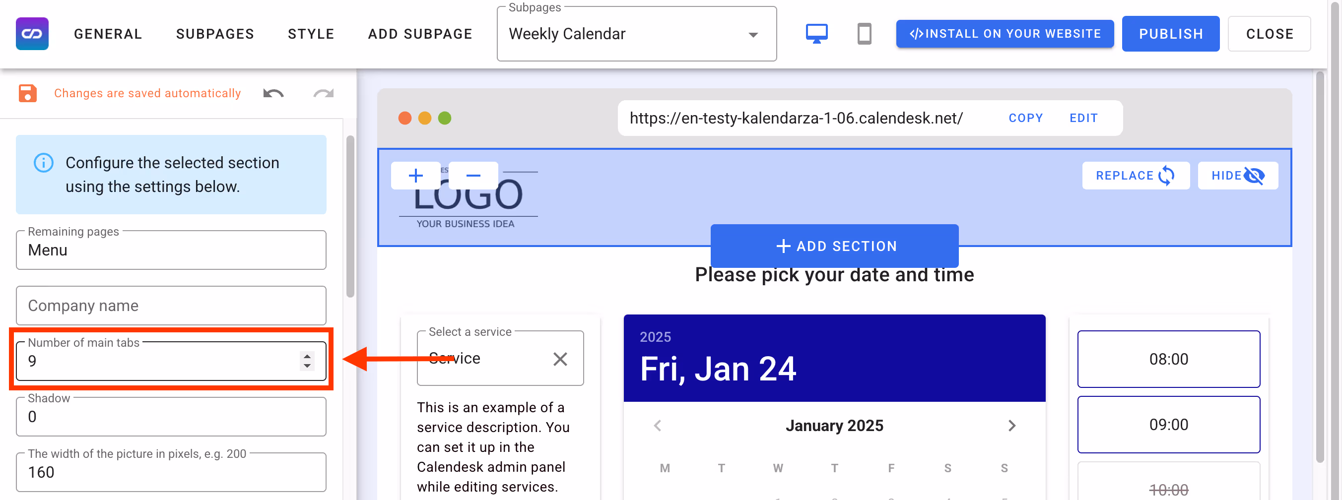 Changing the numer of active tabs in the landing page.