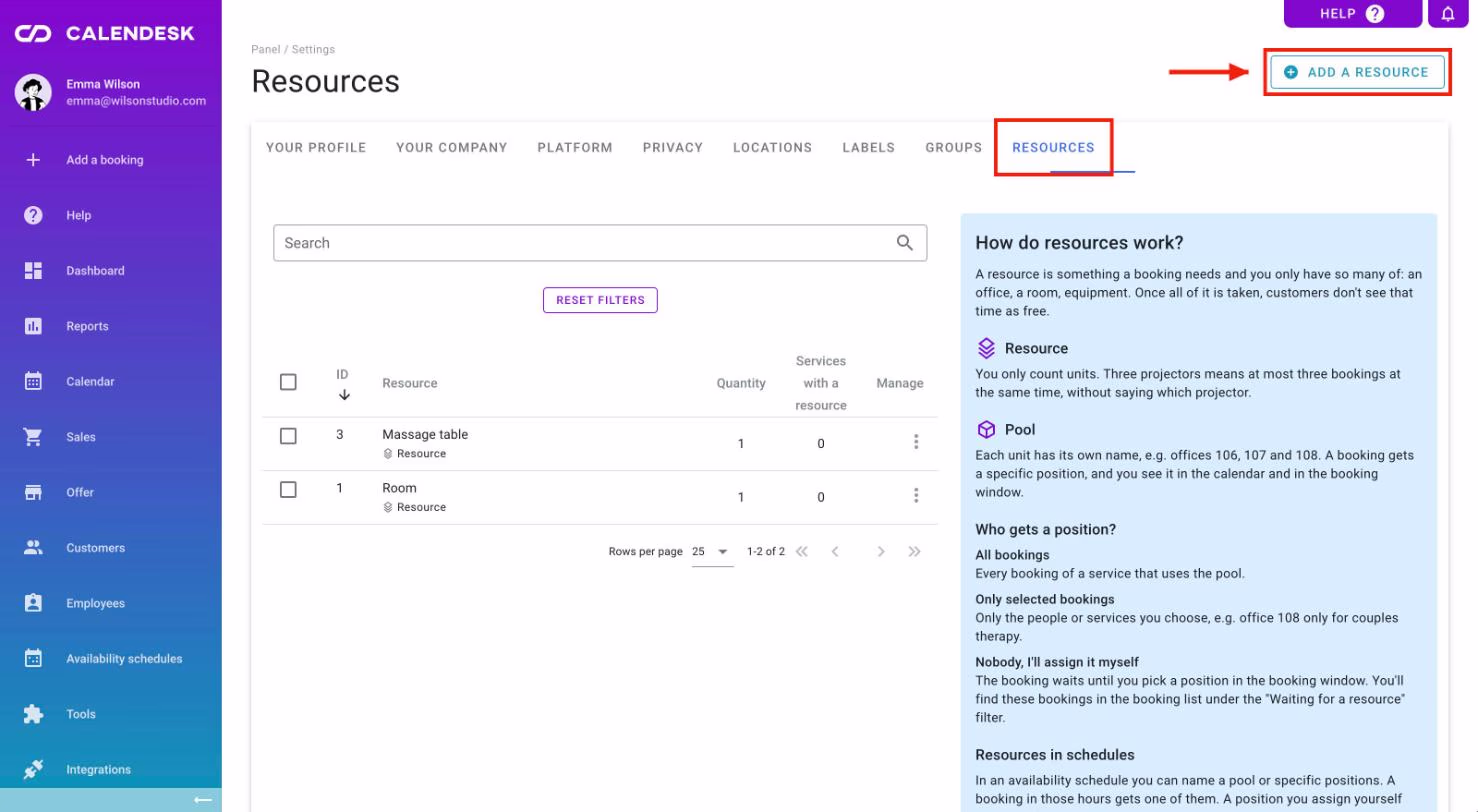 The Settings – Resources tab with the Add a resource button and the guide on how resources work.