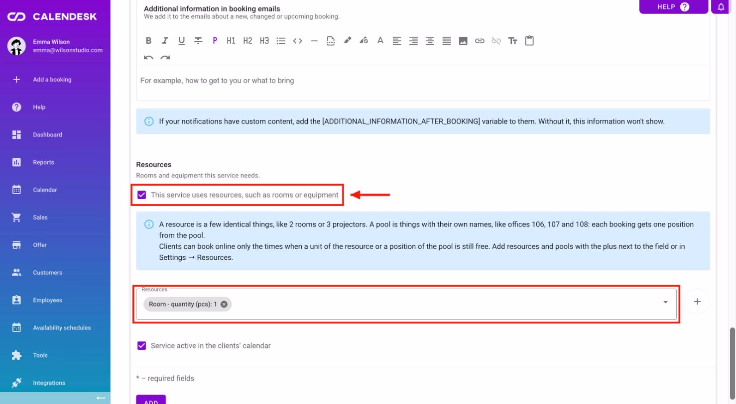 A service being edited, with the resources box ticked and a resource selected.