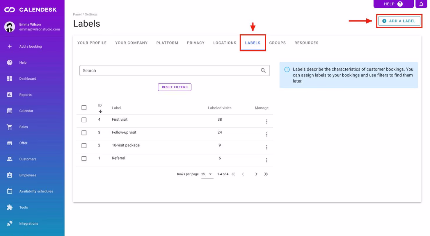 The Labels tab in settings with the Add a label button.