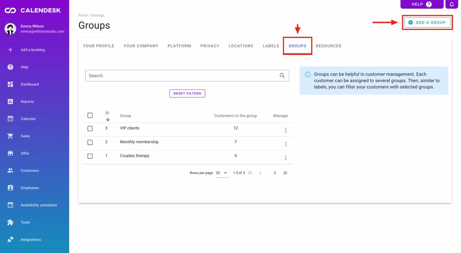 The Groups tab in settings with the Add a group button.