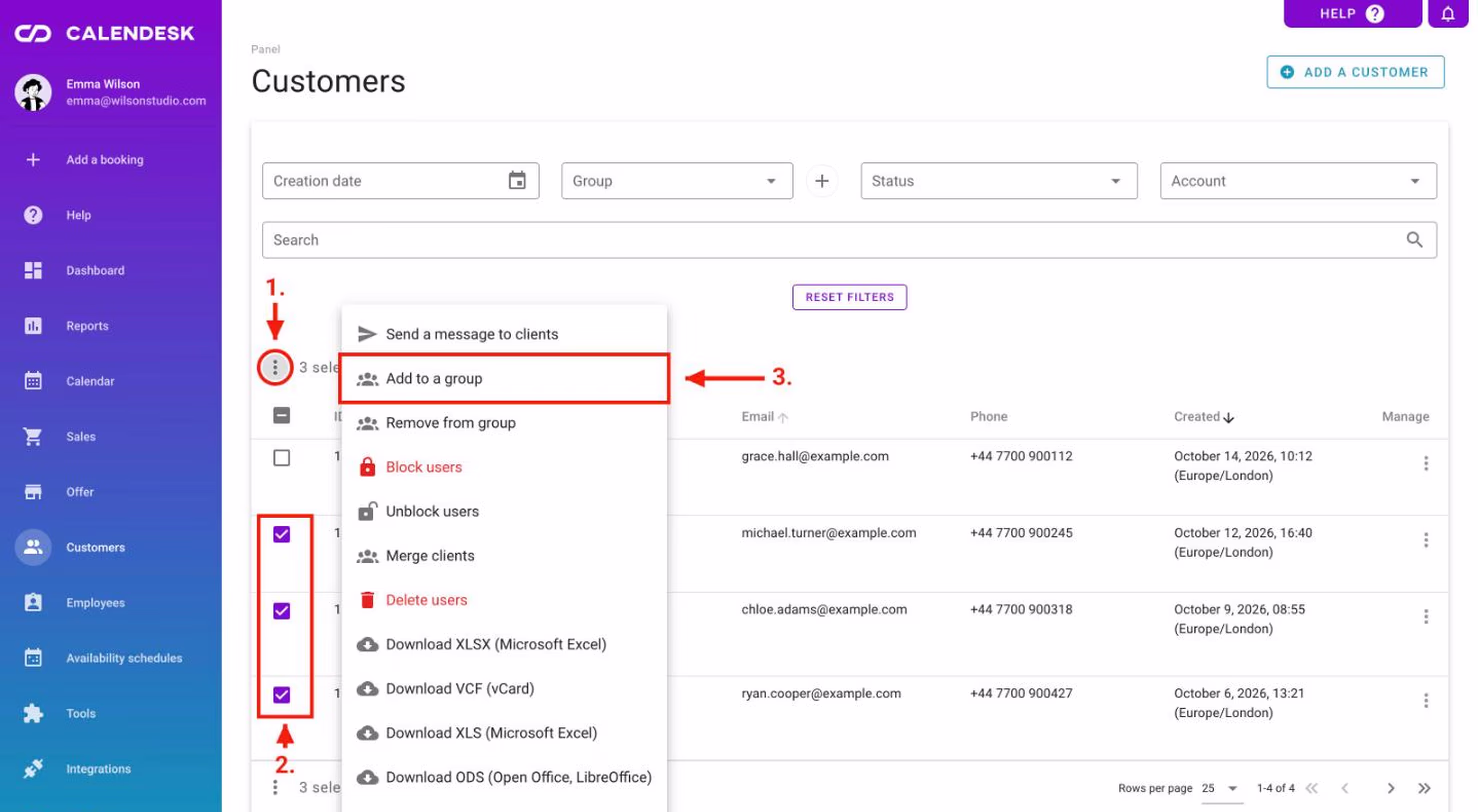 The customer list: selected customers and the Add to a group option in the actions menu.